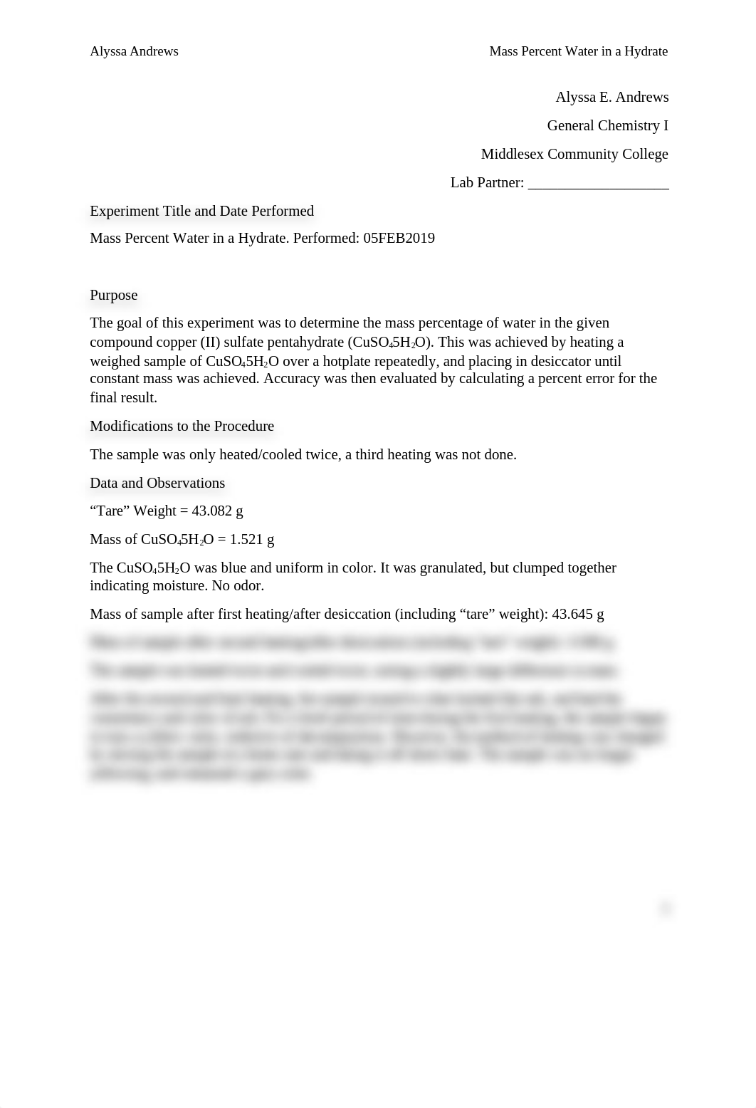 Full Formal Lab Report - Mass pcnt h20 in hydrate.docx_dt7iffwnnw8_page1