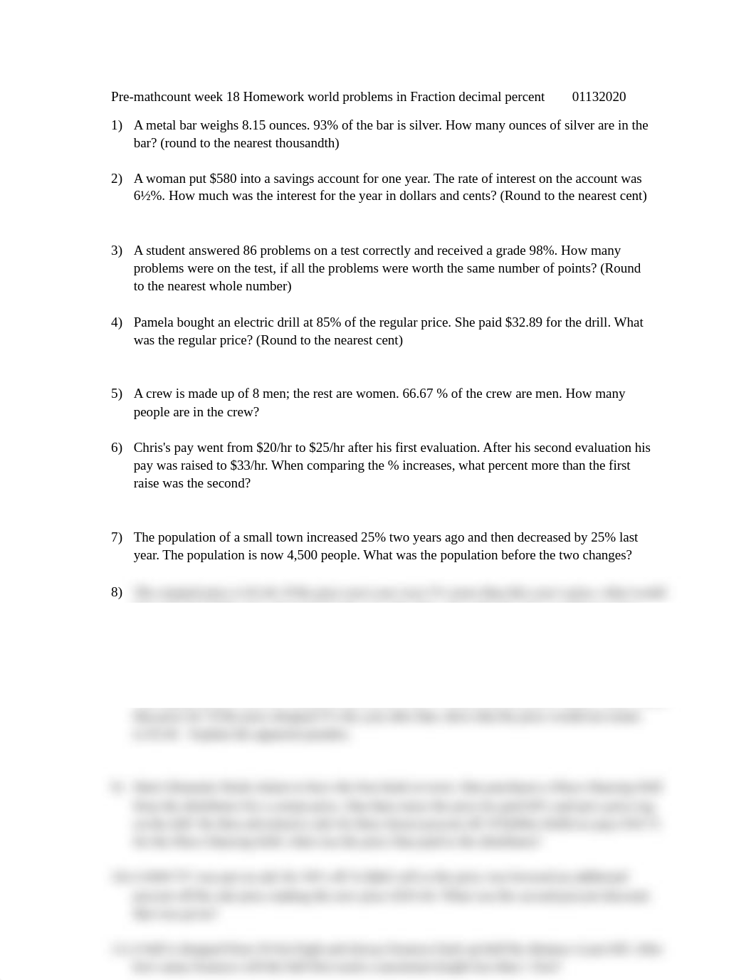 Premathcount week 18 homework  fraction  decimal and percent  wordproblems 01132020.docx_dt8newbs3cb_page1