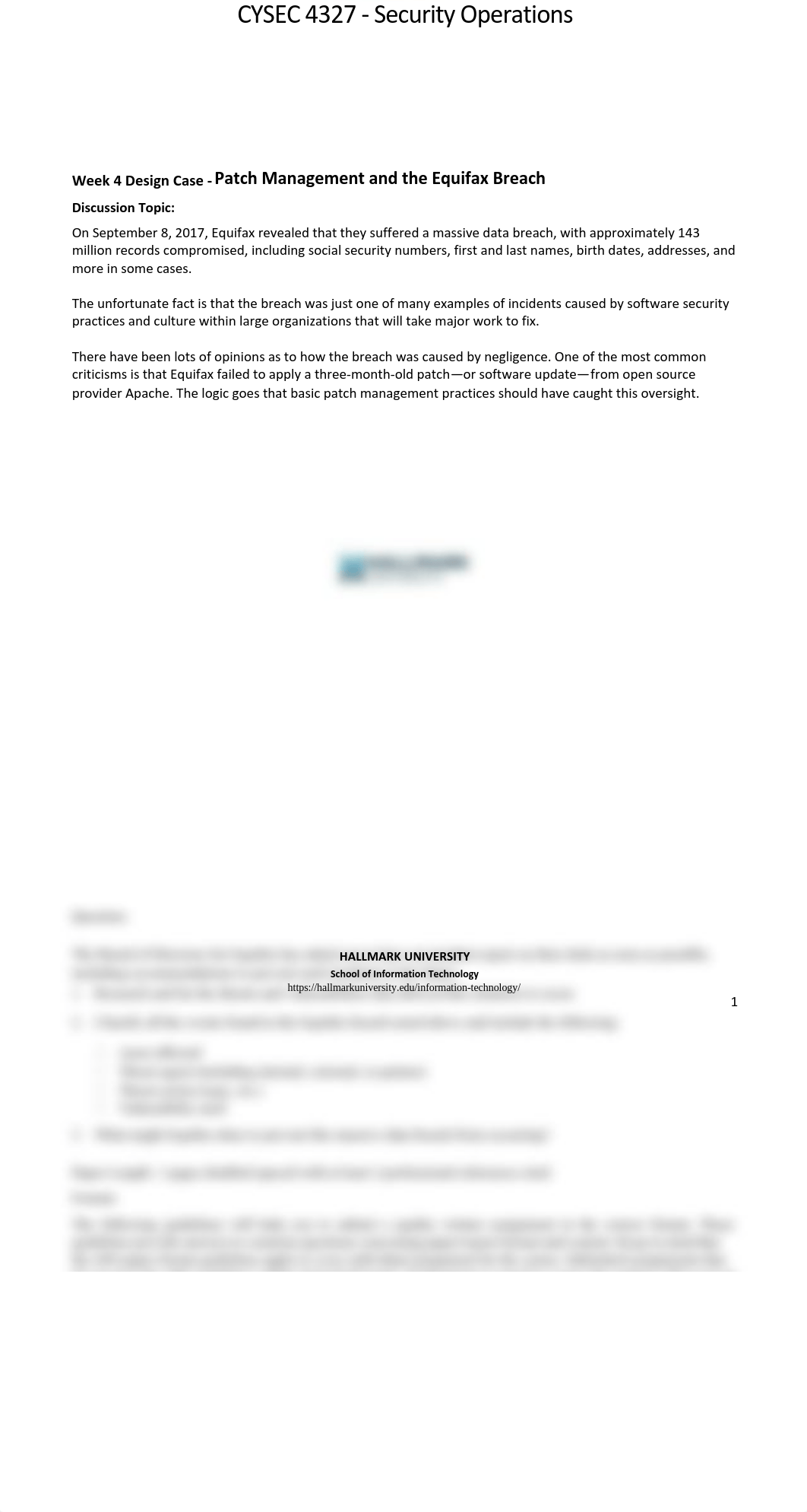 CYSEC 4327 - Week 4 Design Case - Patch Management and the Equifax Breach.pdf_dtc7i1ctuh9_page1