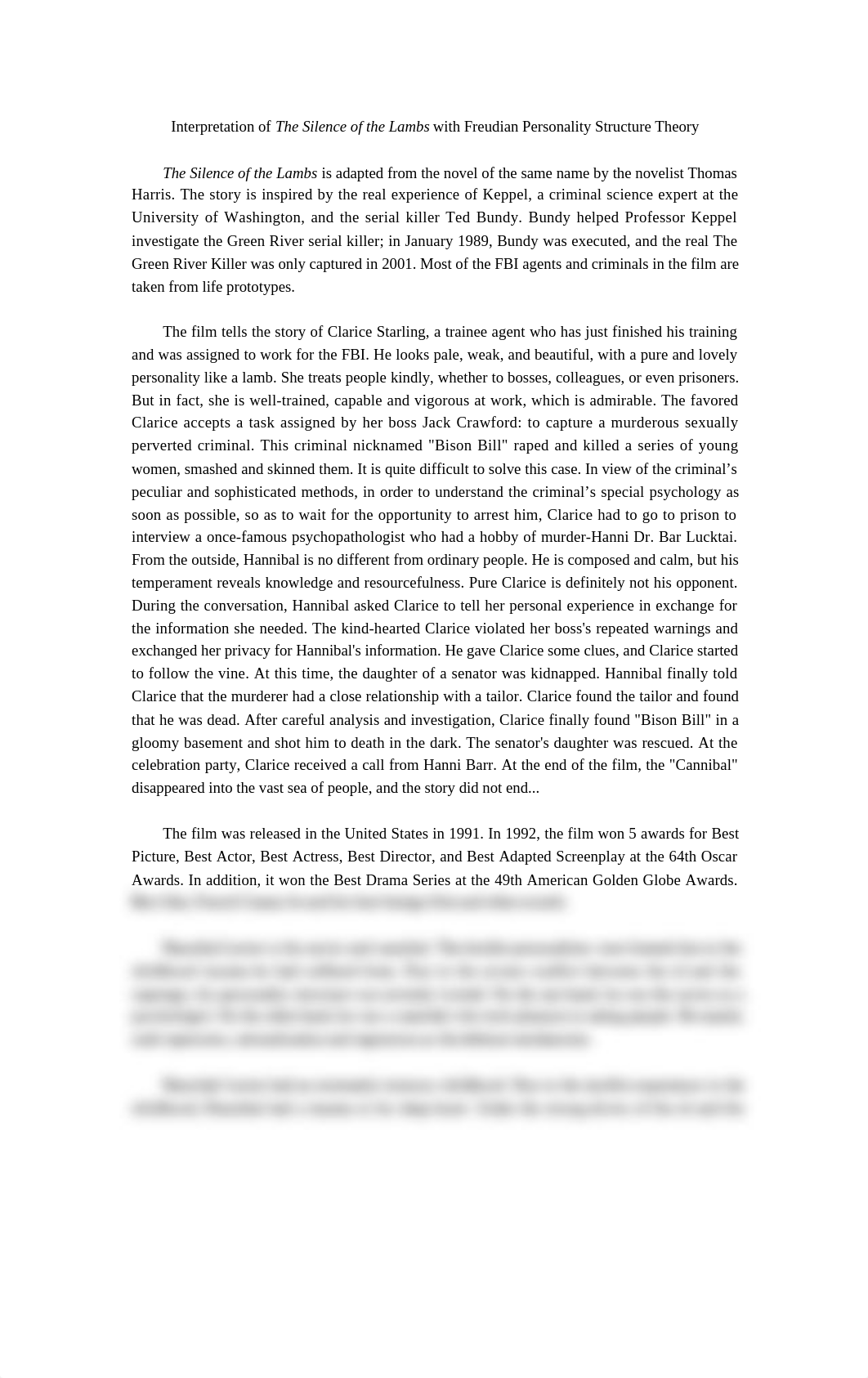 Interpretation of The Silence of the Lambs with Freudian Personality Structure Theory.docx_dtddkehloaw_page1