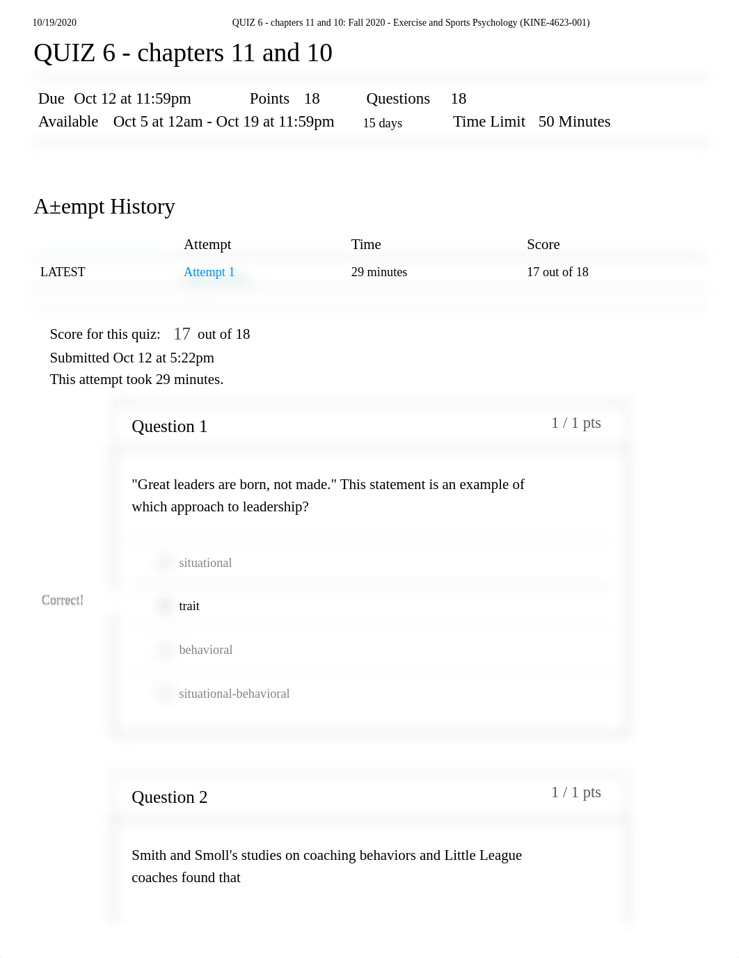 QUIZ 6 - chapters 11 and 10_ Fall 2020 - Exercise and Sports Psychology (KINE-4623-001).pdf_dtf7u0cccz9_page1