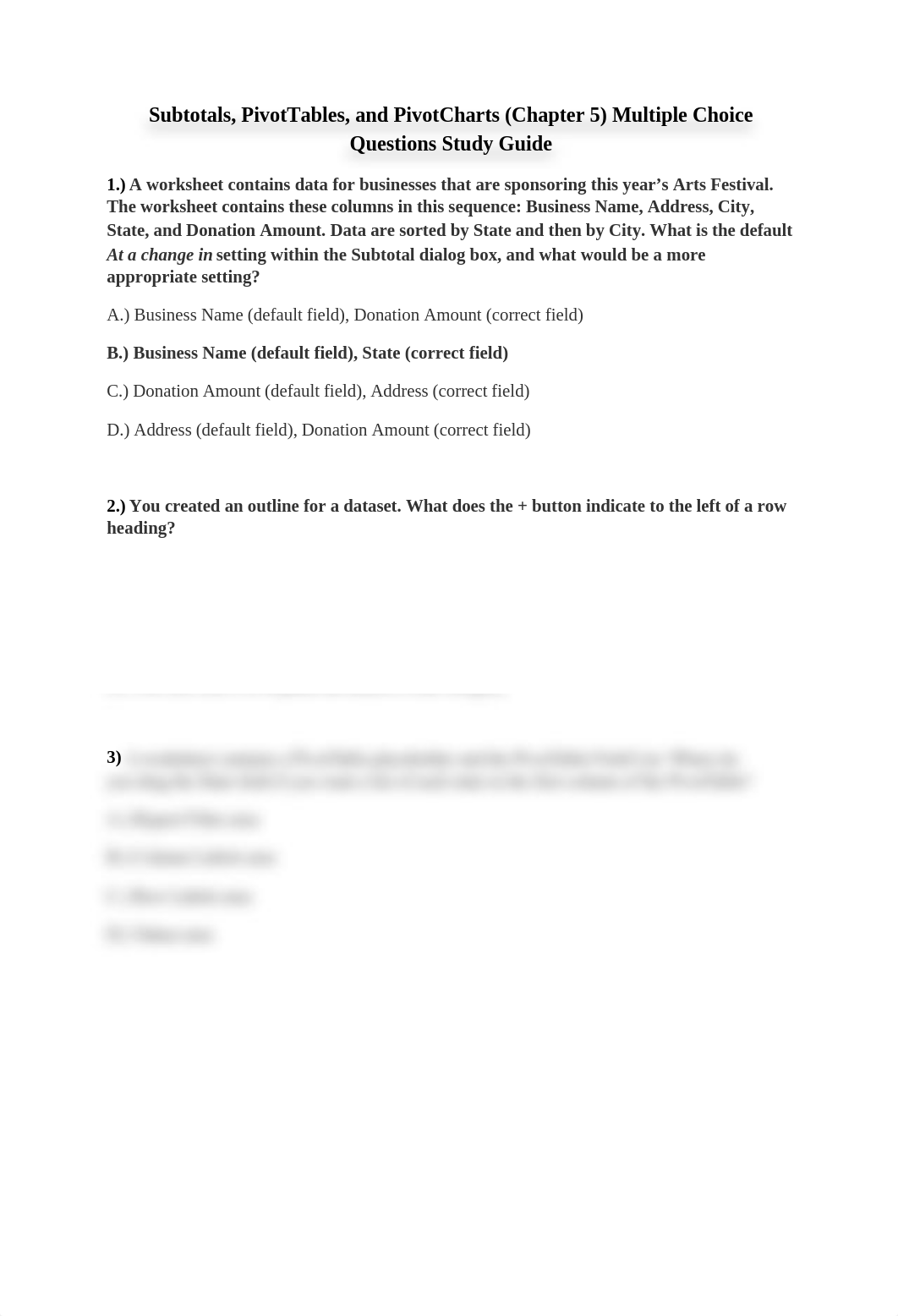 CIS 106 - Subtotals, PivotTables, and PivotCharts (Chapter 5) Multiple Choice Questions Study Guide_dtk61unqf5k_page1