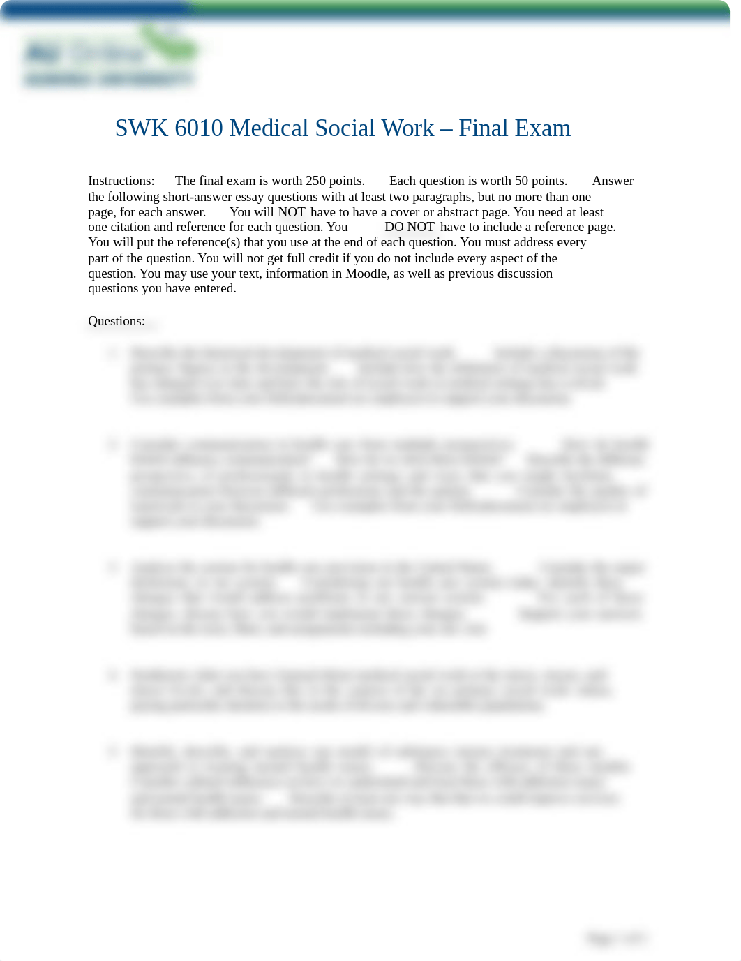 SWK 6010 Medical Social Work - Final Exam.docx_dtkfaqbg0a5_page1