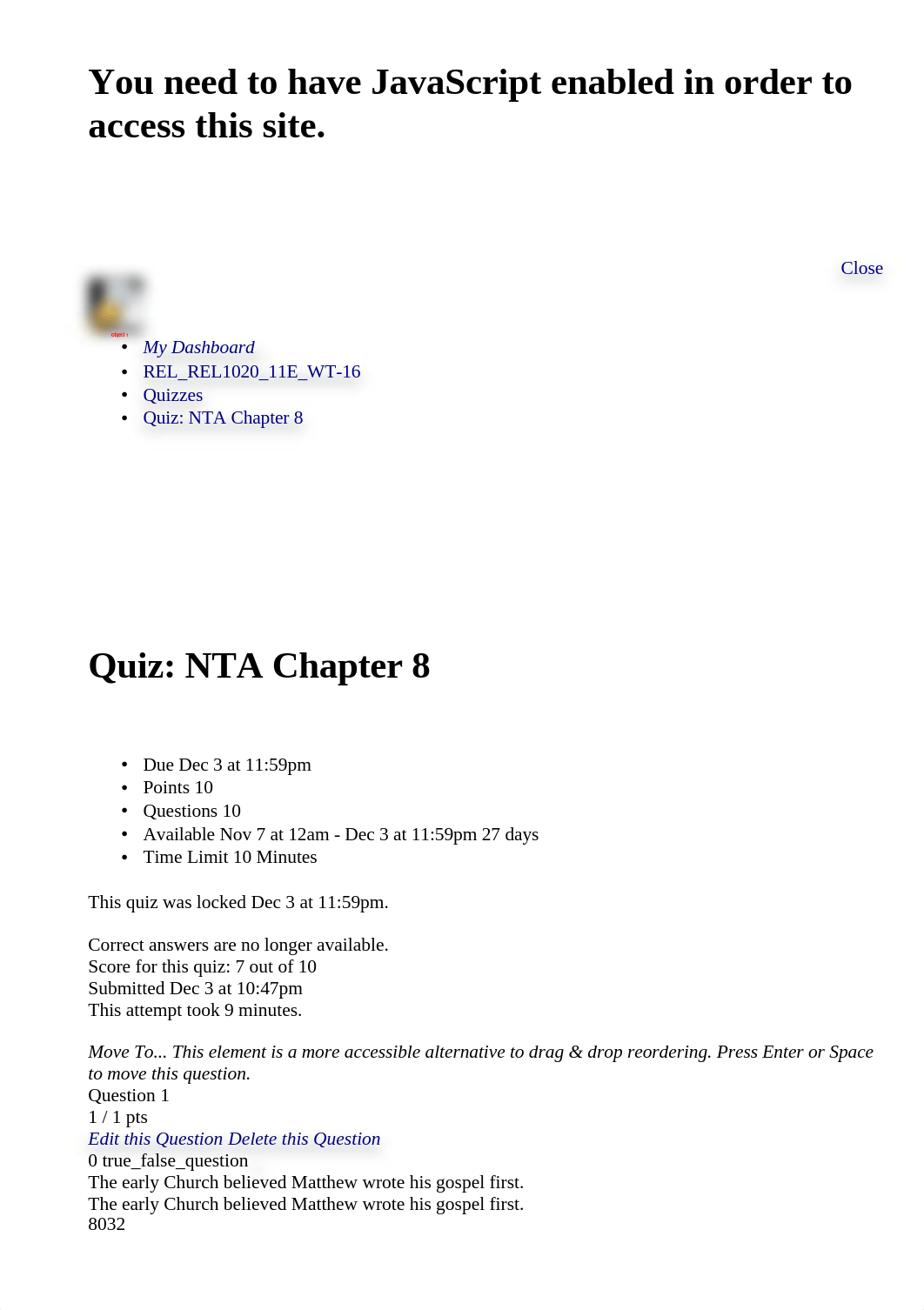 Quiz: NTA Chapter 8: REL 1020 11E INTRODUCTION TO THE NEW TESTAMENT WT-16.html_dtkxdroe4cq_page1