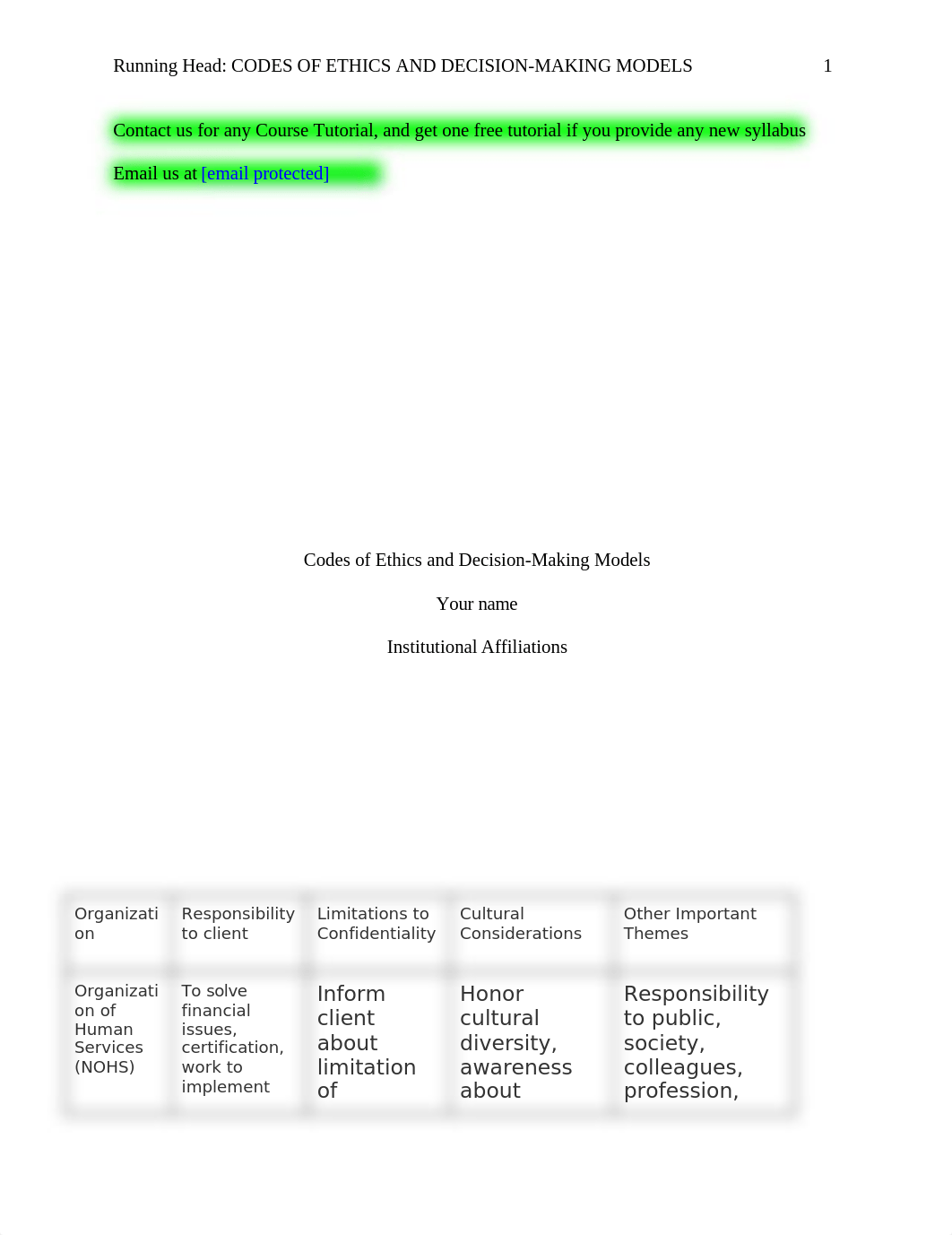 BSHS 335 Codes of Ethics and Decision-Making Models Comparative Charts and Response.docx_dto6xrkjhaf_page1