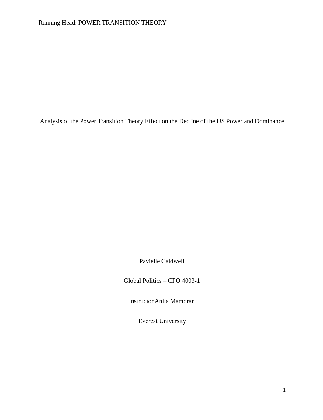 Pavielle Caldwell_CPO4003-1_Week 1_Power Transition Theory Essay.docx_dtqneg2iko2_page1