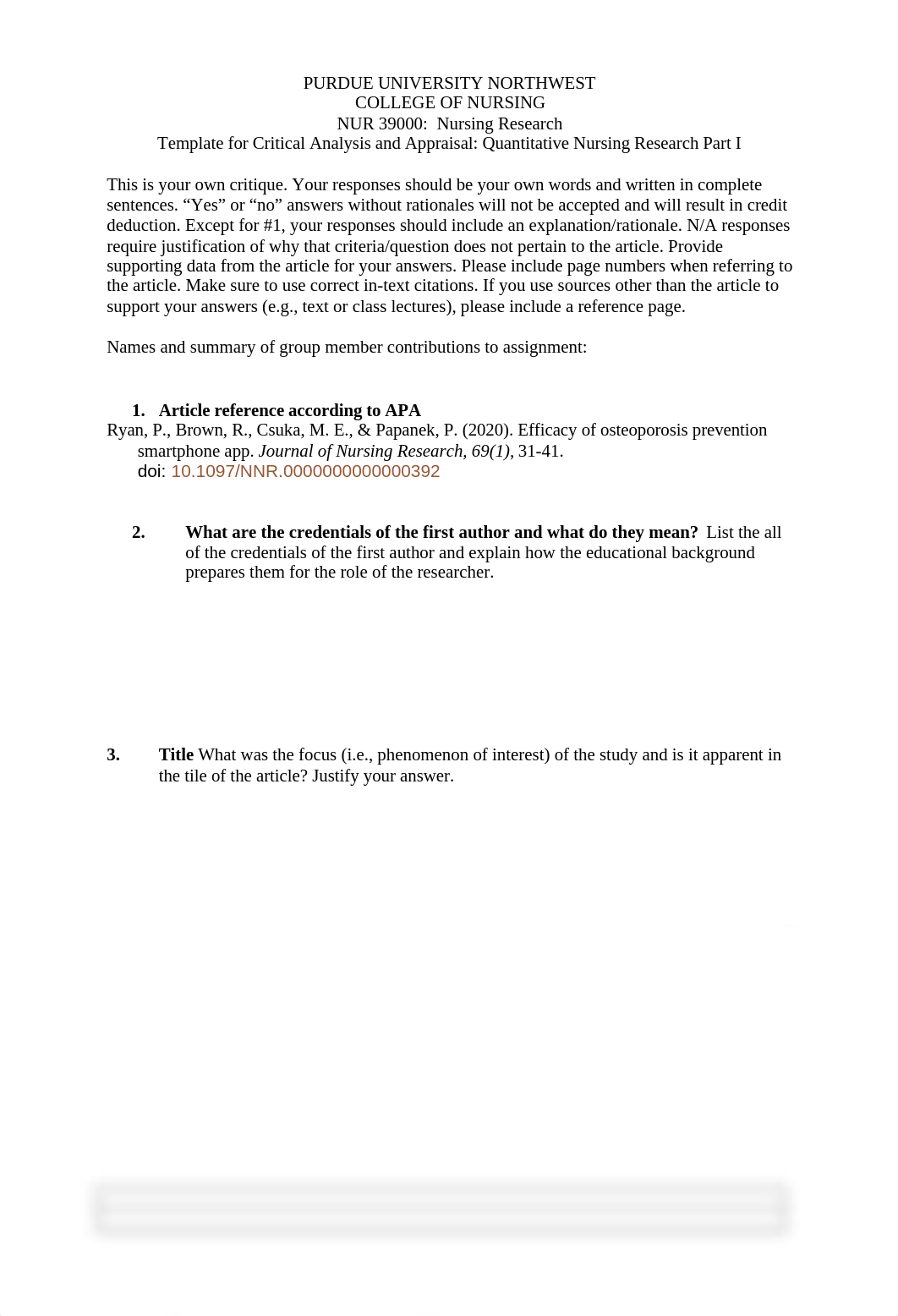 NUR 390 - WEEK 3 - Template for Critical Analysis and Appraisal- Quantitative Nursing Research Part_dtsa4whbwmj_page1