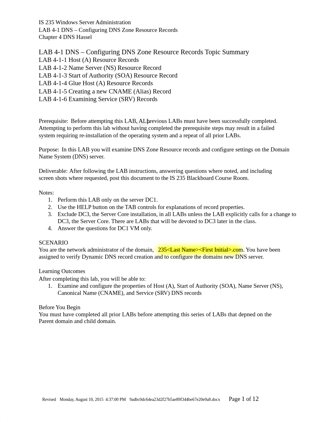 235 LAB 4-1 DNS Config Zone Resource Records Sp16_dtsee6882n1_page1