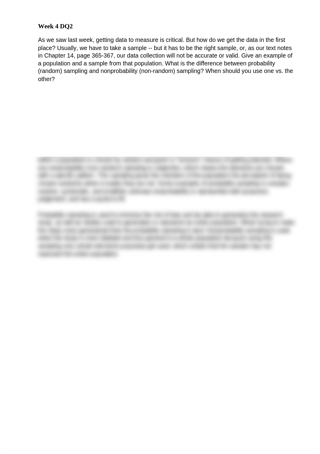 RES 351 Week 4 DQ 2 (Difference Between Probability (random) Sampling and Nonprobability )_dtw4b2z5ecf_page1