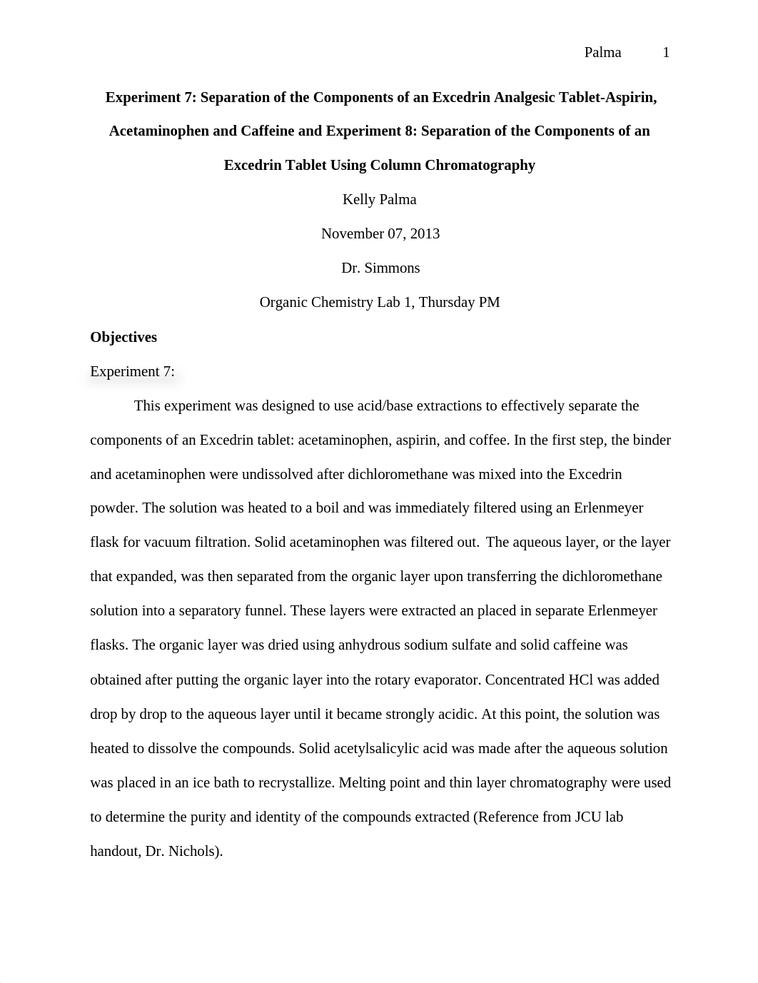 Exp 7 and 8 ochem: separation of Asprin and Excederin_du7x2ikyja6_page1