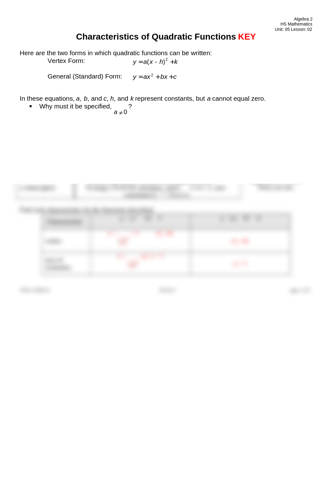 Characteristic of Quadratic Functions KEY_du8c1ujw9fu_page1