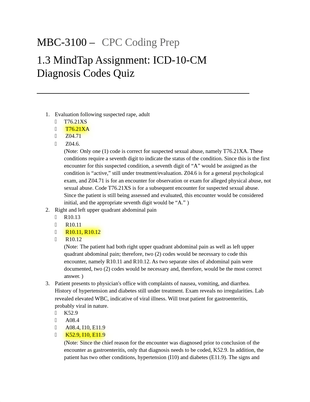 MBC3100 - CPC Coding Prep - 1.3 MindTap Assignment - ICD-10-CM Diagnosis Codes Quiz.docx_du8hig5vka7_page1