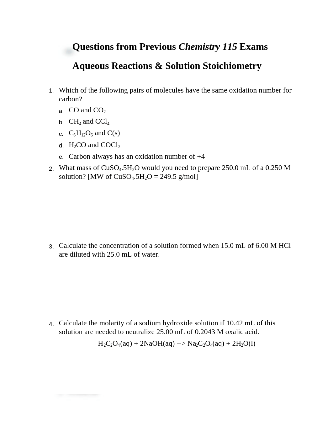 Questions from Previous Chemistry 115 Exams Aqueous Reactions &amp; Solution Stoichiometry_dub8p845cuq_page1