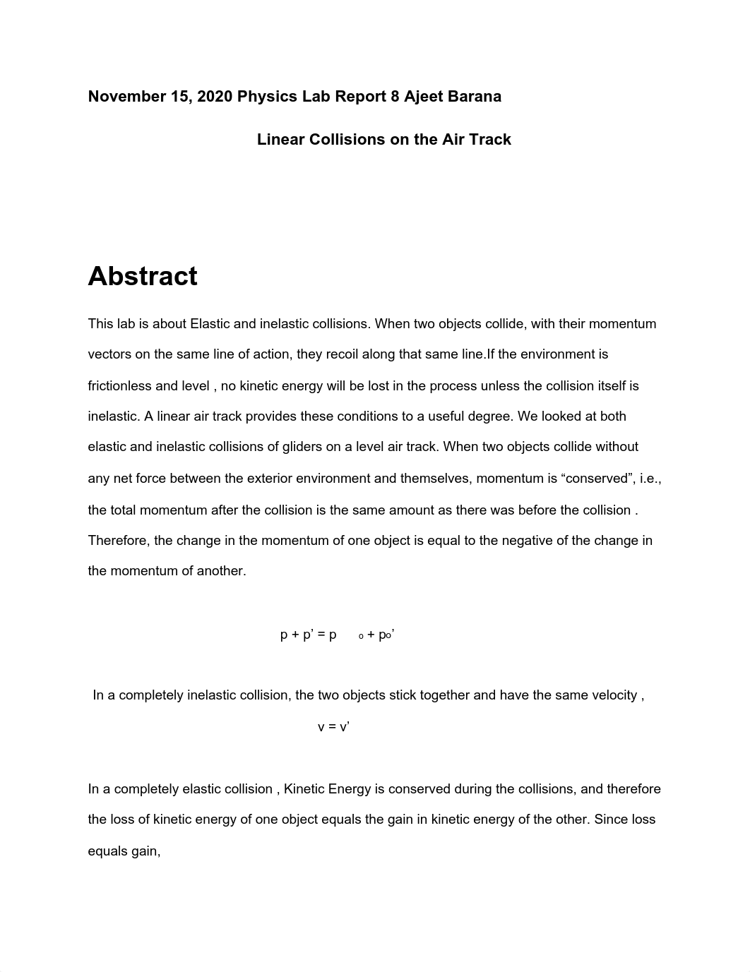 Lab Report 8  Linear Collisions on the Air Track.pdf_ducibl06xpg_page1