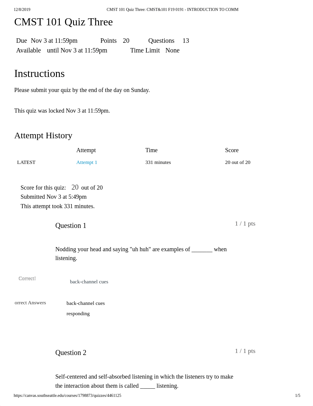 CMST 101 Quiz Three_ CMST&101 F19 0191 - INTRODUCTION TO COMM.pdf_ducl70n1cri_page1