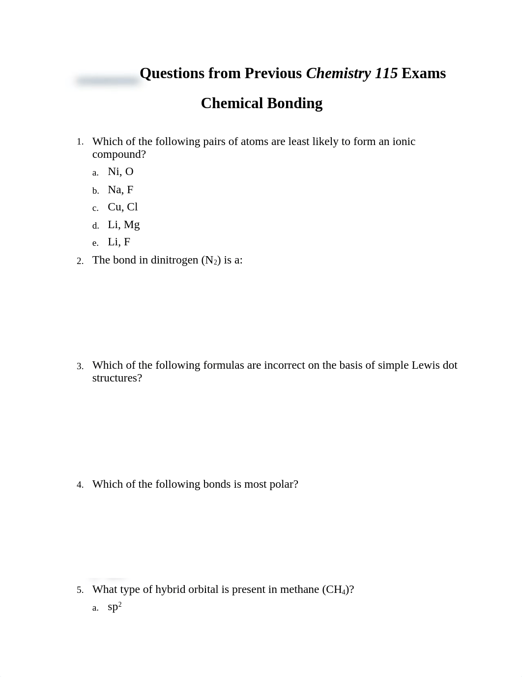 Questions from Previous Chemistry 115 Exams Chemical Bonding_duf67d0qp76_page1