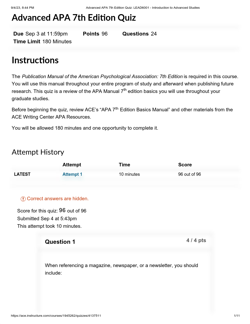 Advanced APA 7th Edition Quiz_ LEAD6001 - Introduction to Advanced Studies.pdf_duj0nt96hb4_page1