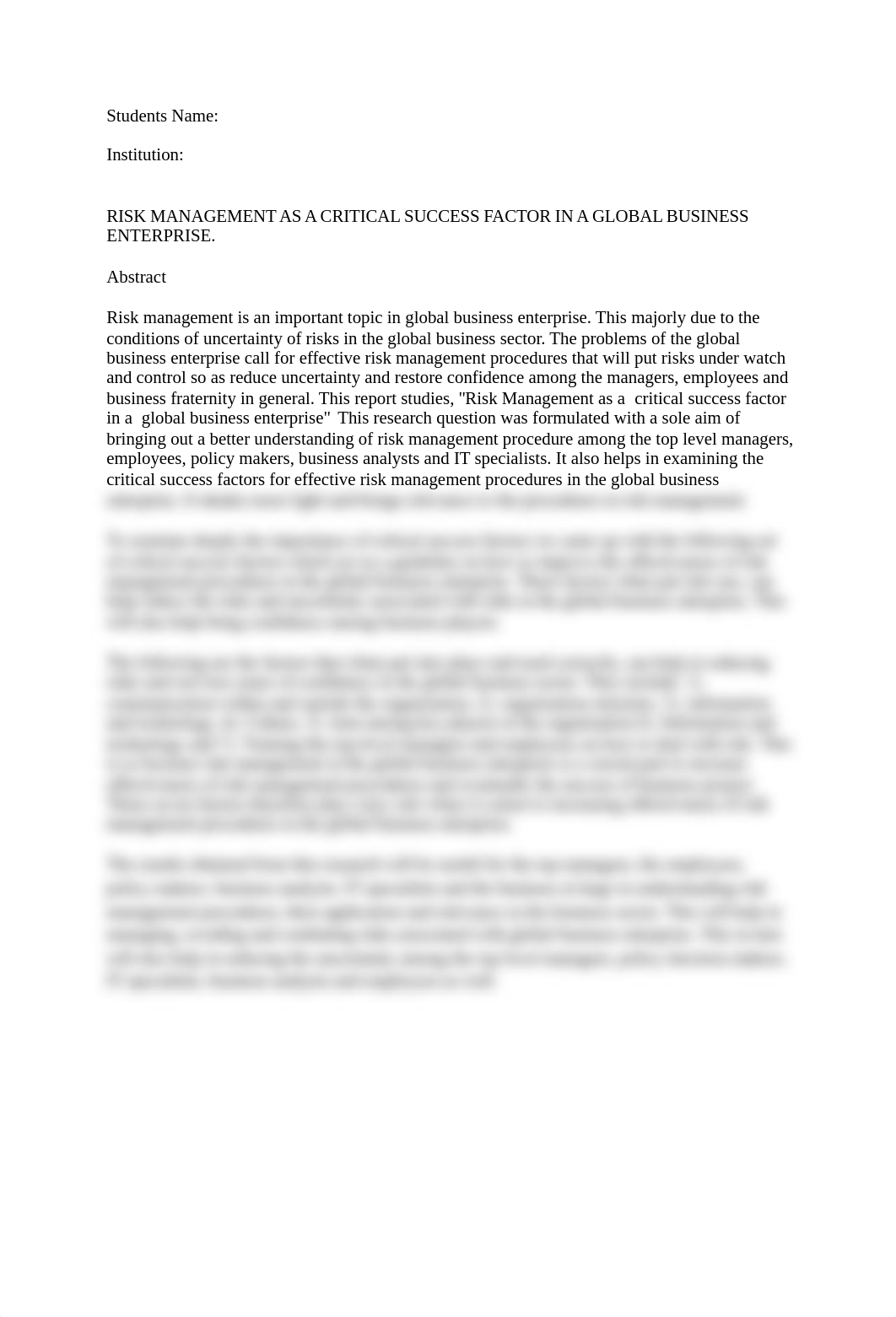 RISK MANAGEMENT AS A CRITICAL SUCCESS FACTOR IN A GLOBAL BUSINESS ENTERPRISE_dujoan4yljp_page1