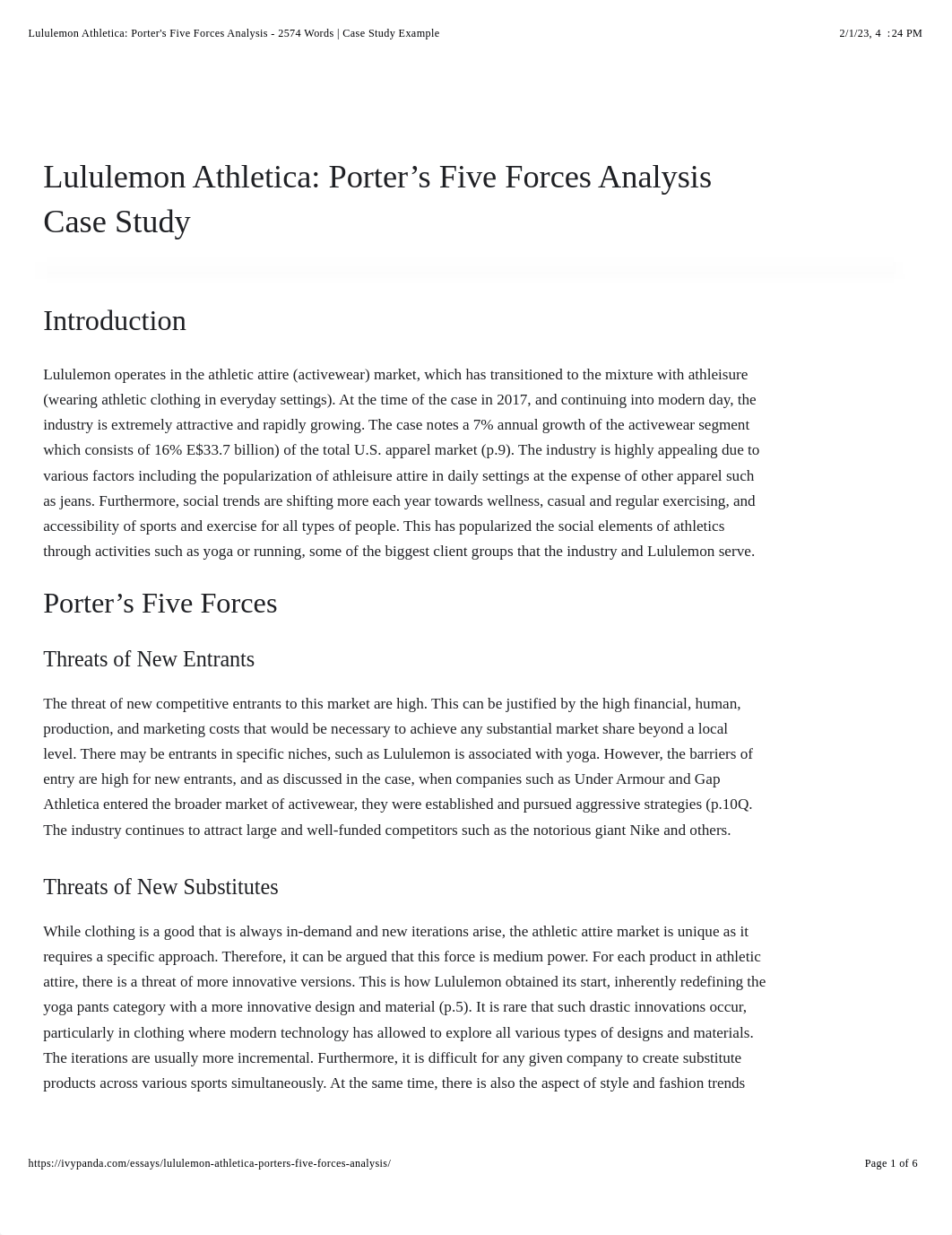 Lululemon Athletica: Porter's Five Forces Analysis - 2574 Words | Case Study Example.pdf_duk5557z907_page1