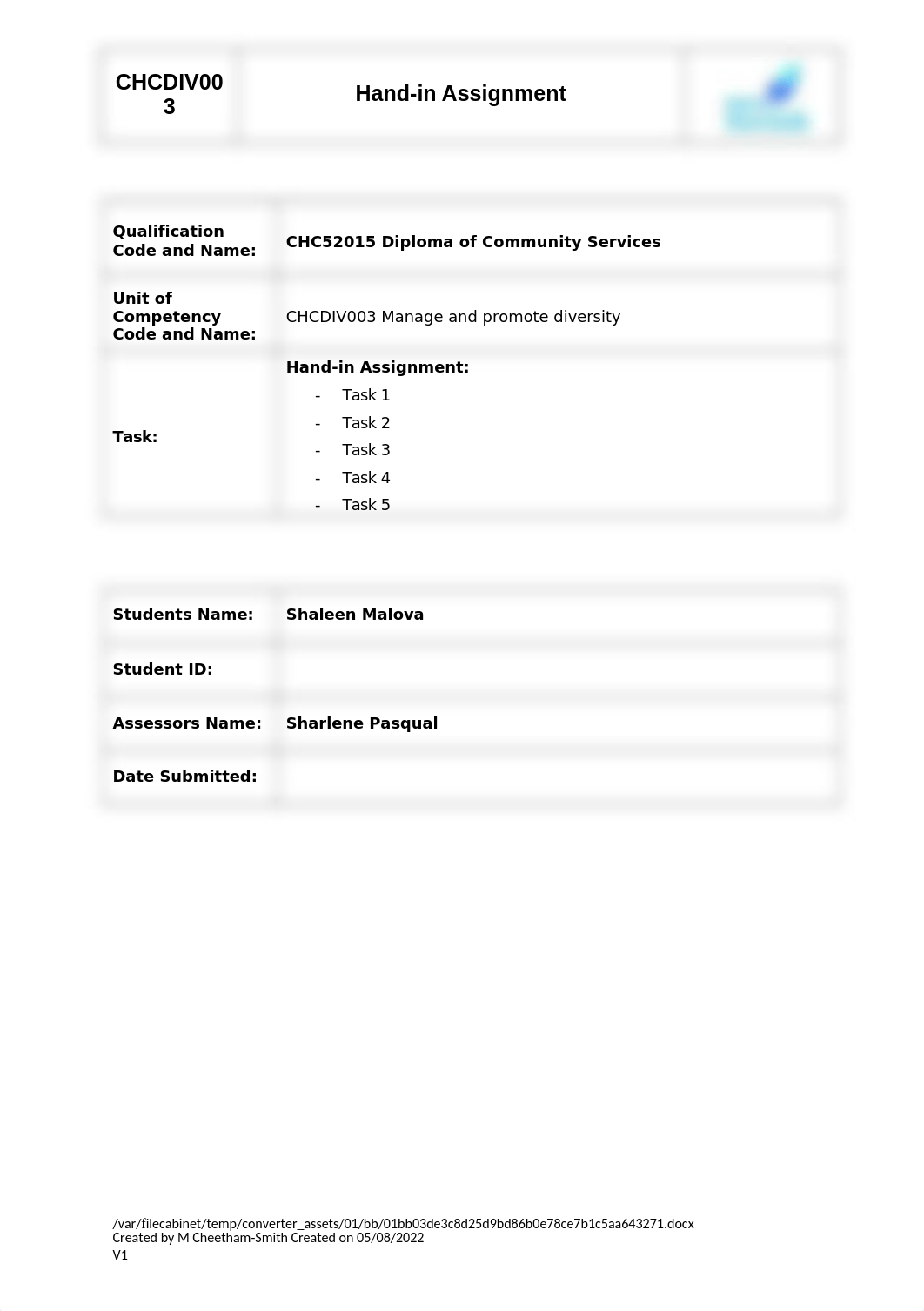 CHCDIV003 Hand-in Assignment (1).docx_dumhzcq83z4_page1