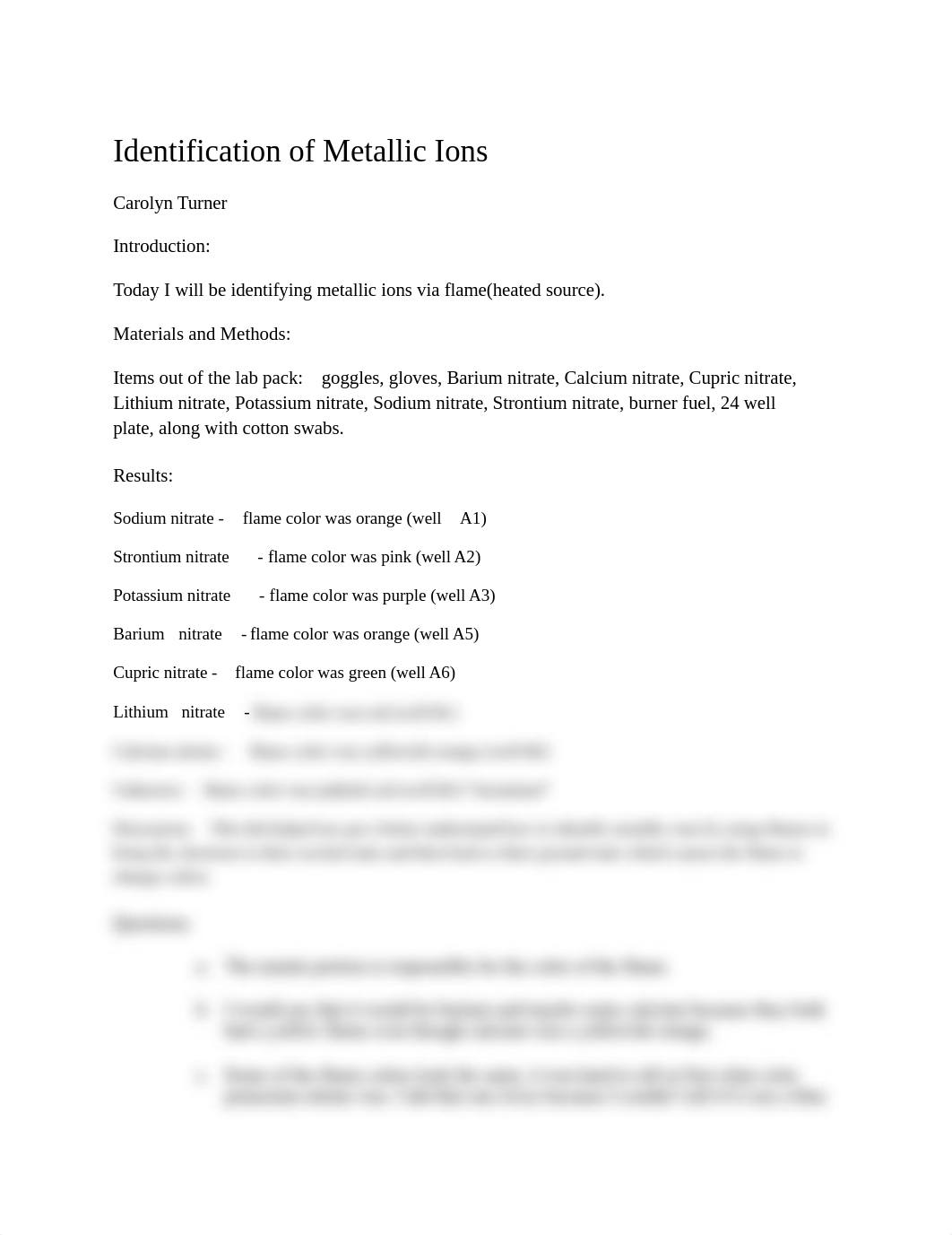 CHM_166_001_ML_ Carolyn Turner _General Chemistry_Identification of Metallic Ions Lab Report_dup82j53rof_page1