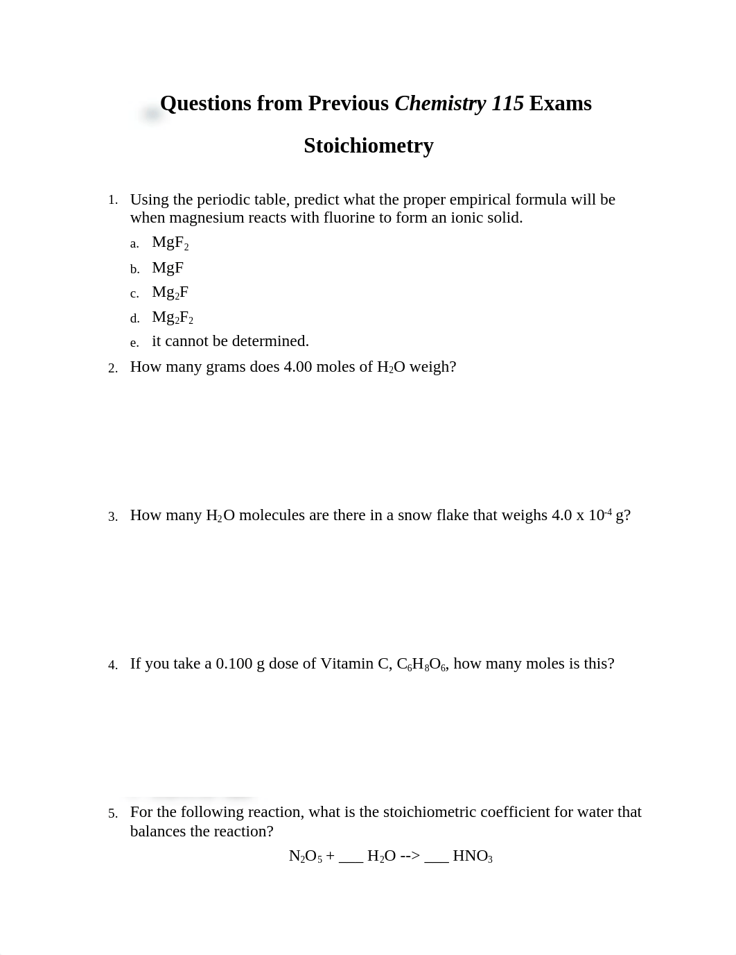 Questions from Previous Chemistry 115 Exams Stoichiometry_dup96fyzmj8_page1