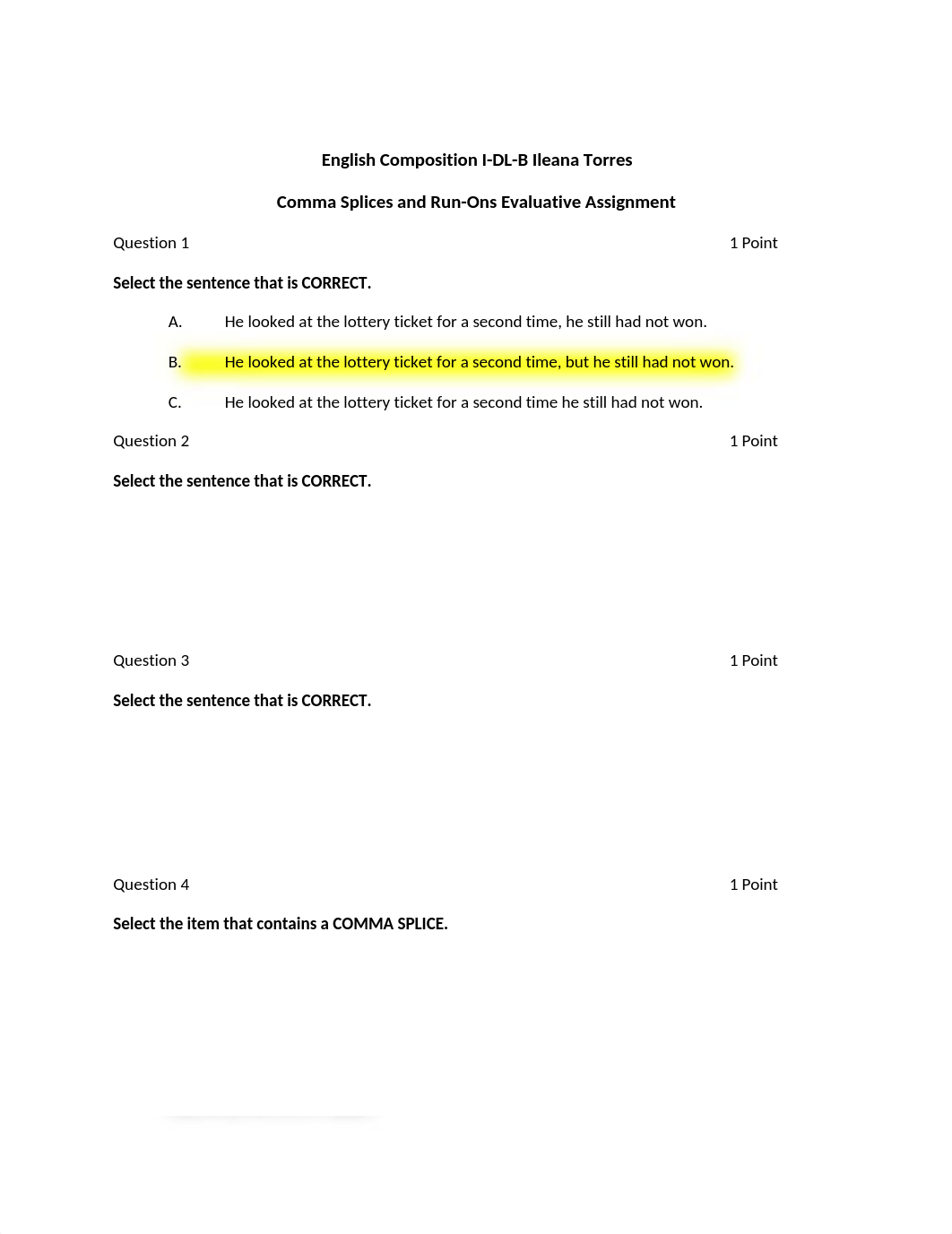 English Composition I-DL-B Ileana Torres-Comma Splices and Run-ons quiz.rtf_duuizy3k1jd_page1