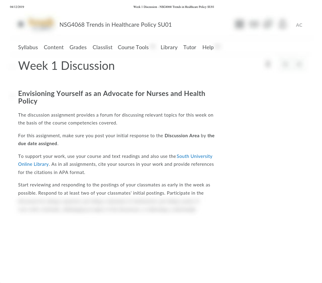 Week 1 Discussion - NSG4068 Trends in Healthcare Policy SU01.pdf_duxt21uxuyb_page1