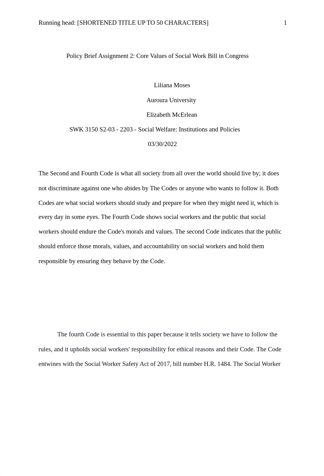 Policy Brief Assignment 2 Core Values of Social Work Bill in Congress.docx_duybtsstniv_page1