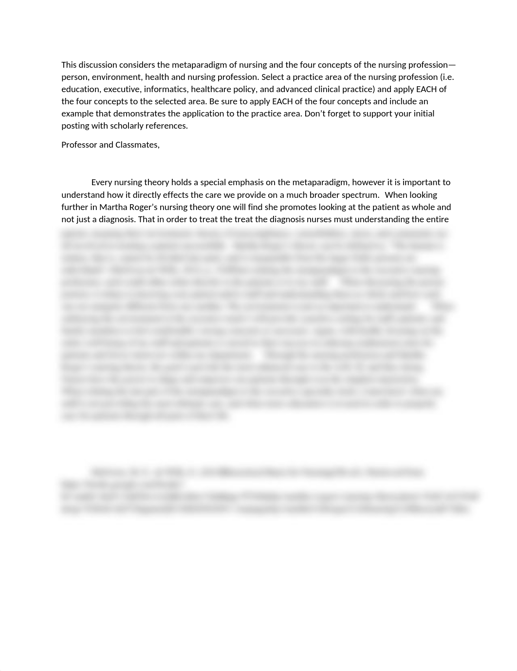 This discussion considers the metaparadigm of nursing and the four concepts of the nursing professio_dv0ddywh9rn_page1