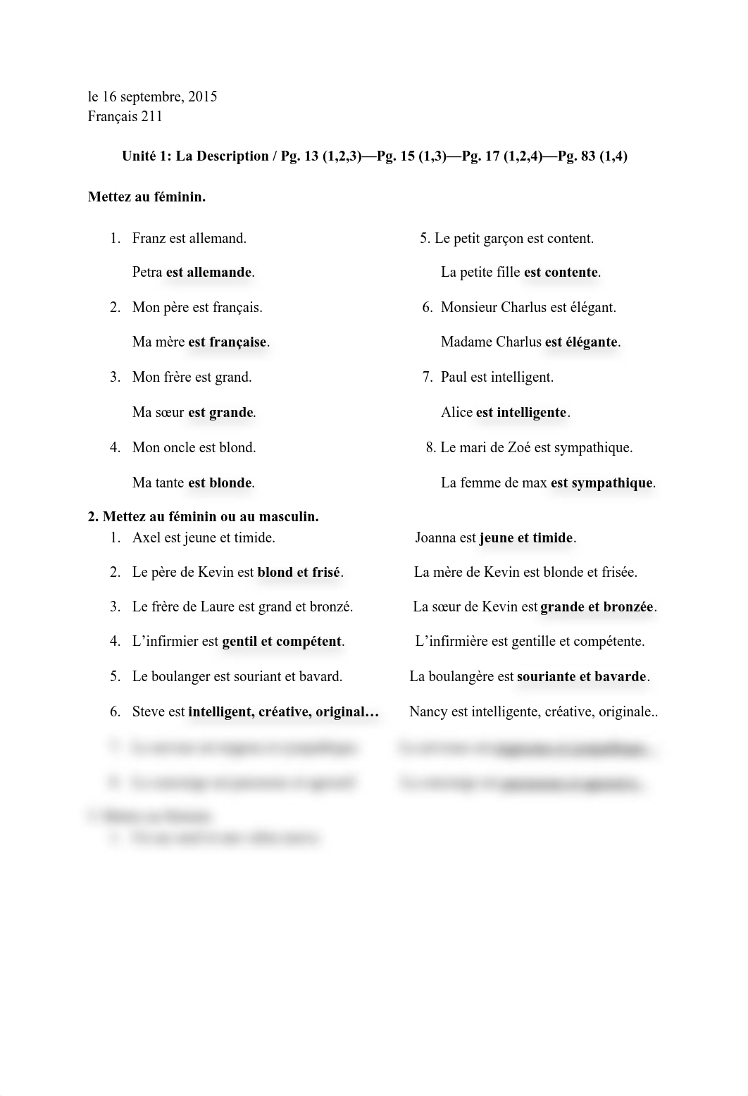 French 211 _ Untité 1-- Pg. 13 (1,2,3)—Pg. 15 (1,3)—Pg. 17 (1,2,4)—Pg. 83 (1,4)--Assignment #2_dv0ii13mhim_page1