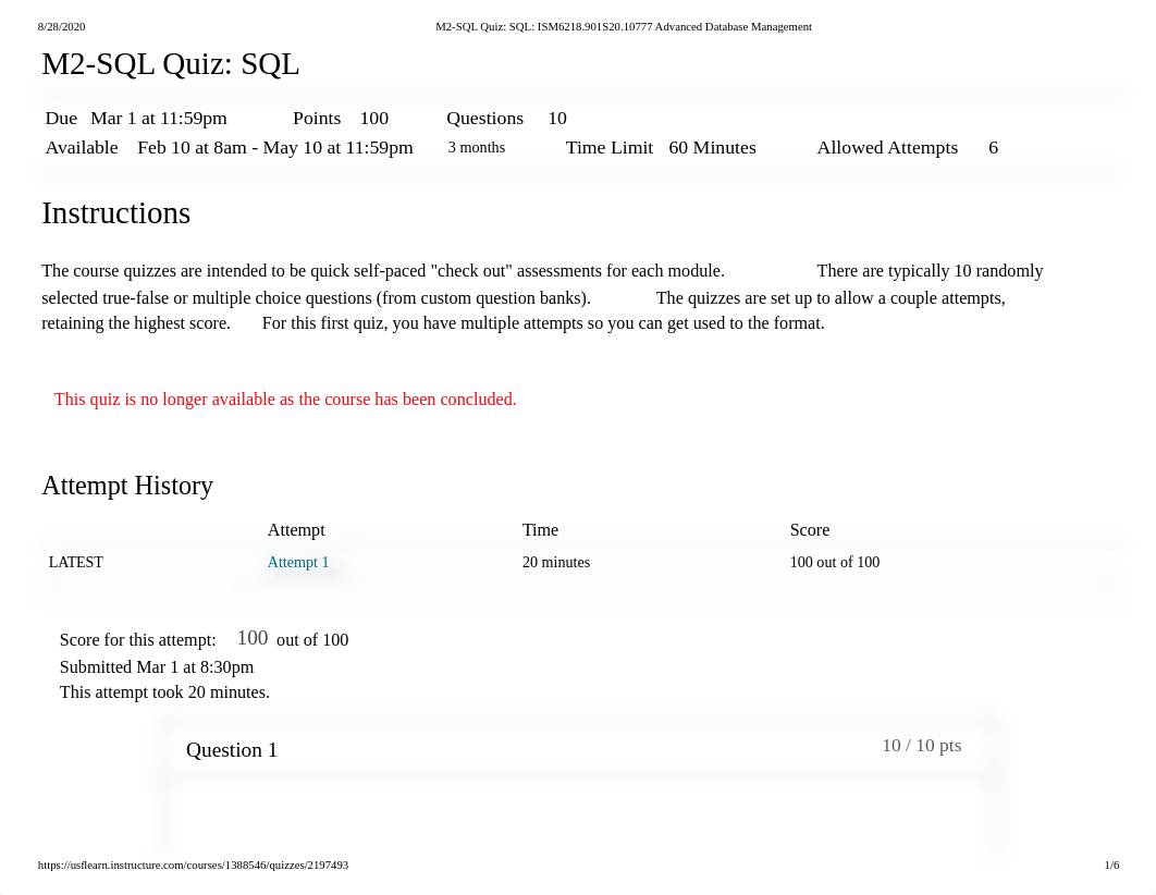 M2-SQL Quiz_ SQL_ ISM6218.901S20.10777 Advanced Database Management.pdf_dv1rr17yyf0_page1