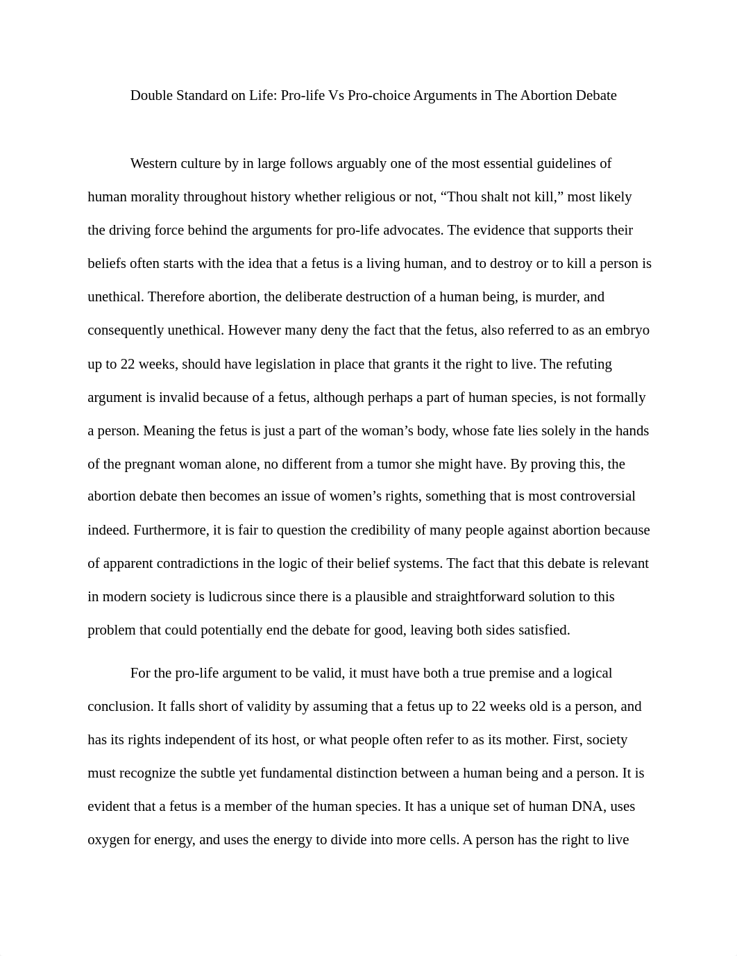 Double Standard on Life Pro-life Vs Pro-choice Arguments in The Abortion Debate.docx_dv2f2w89psv_page1