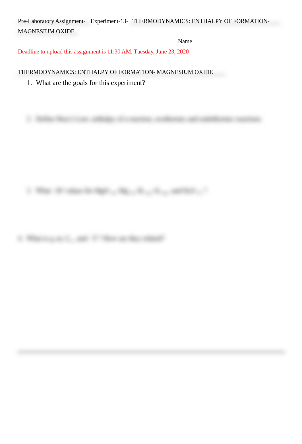 Pre-Laboratory Assignment-Experiment-13- THERMODYNAMICS- ENTHALPY OF FORMATION- MAGNESIUM OXIDE.docx_dv8ze7115cs_page1