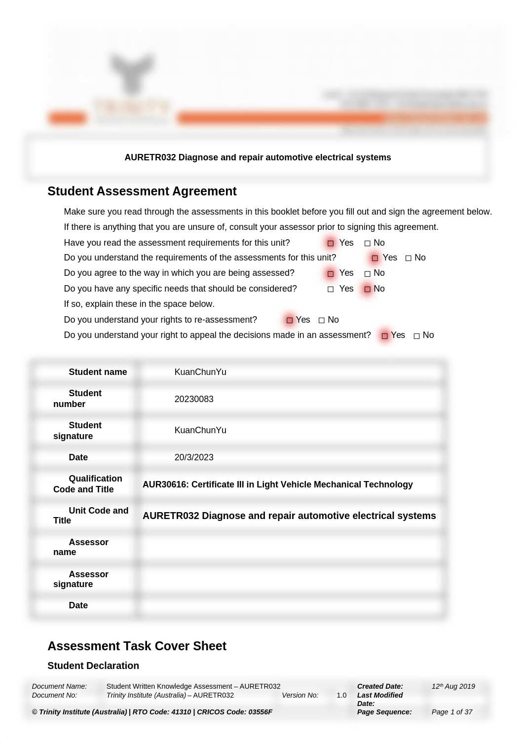 AURETR032_Assessment 1_Written Knowledge Question_V2.docx_dv9i5iwop2m_page1