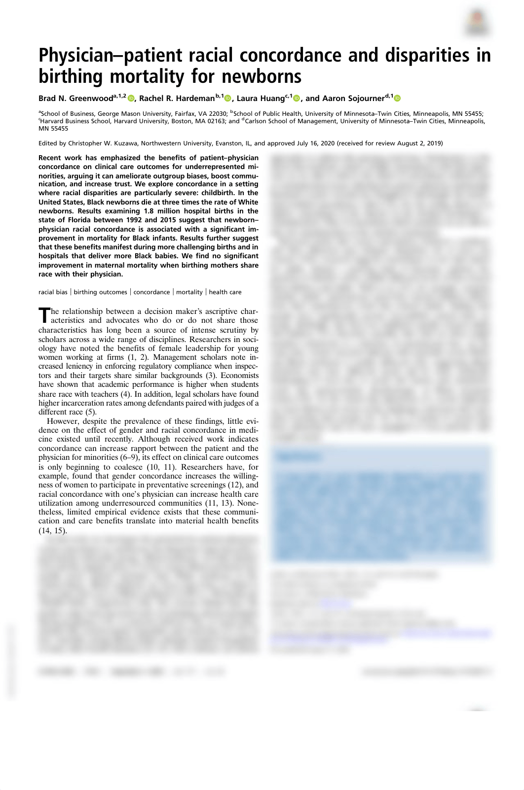 Article - Physician-Patient Racial Concordance and Disparities in Birthing Mortality for Newborns.pd_dvbpjxta5aq_page1