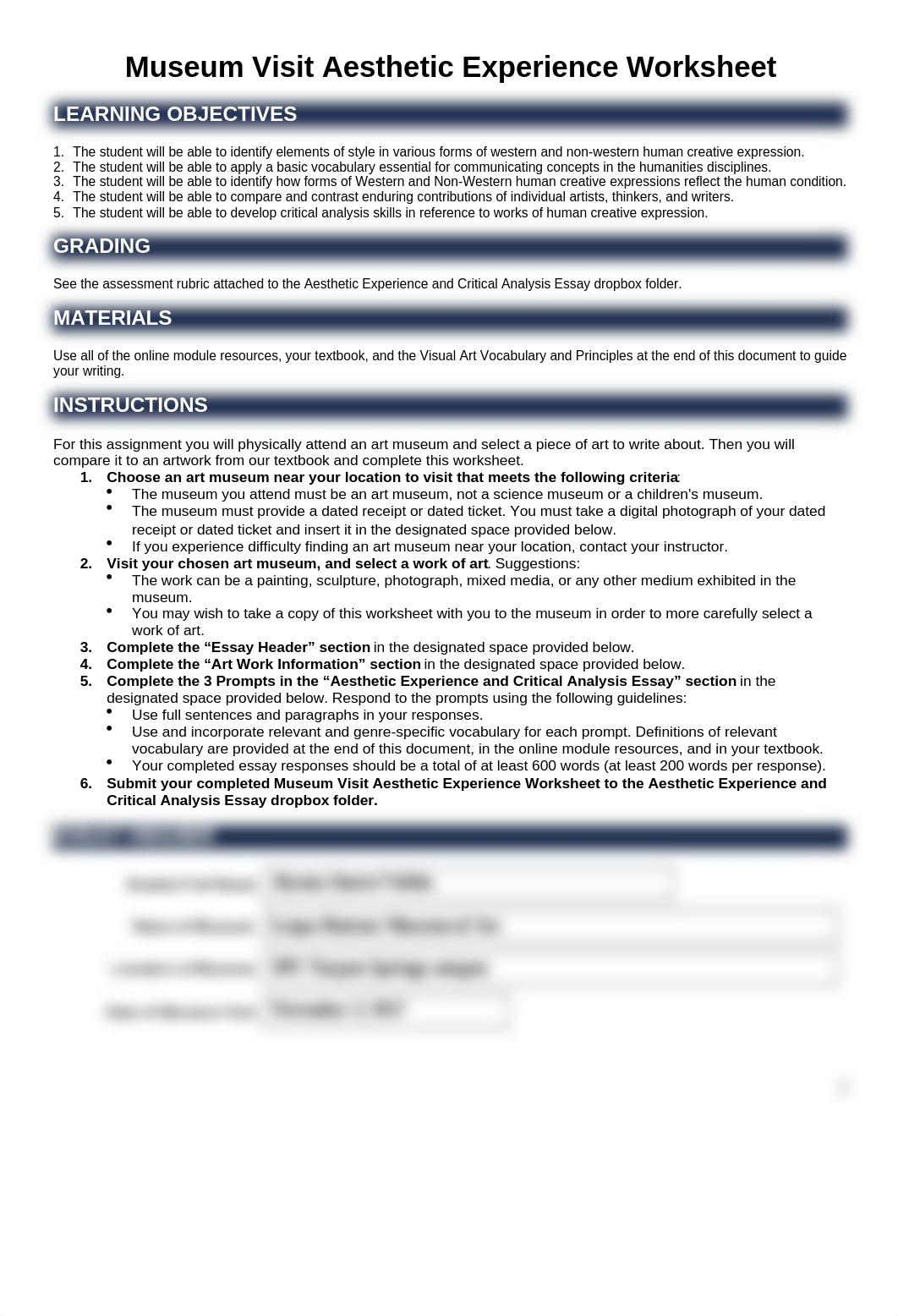 HUM1020 Museum Experience Aesthetic Experience Worksheet.docx_dvbvjt45rgi_page1