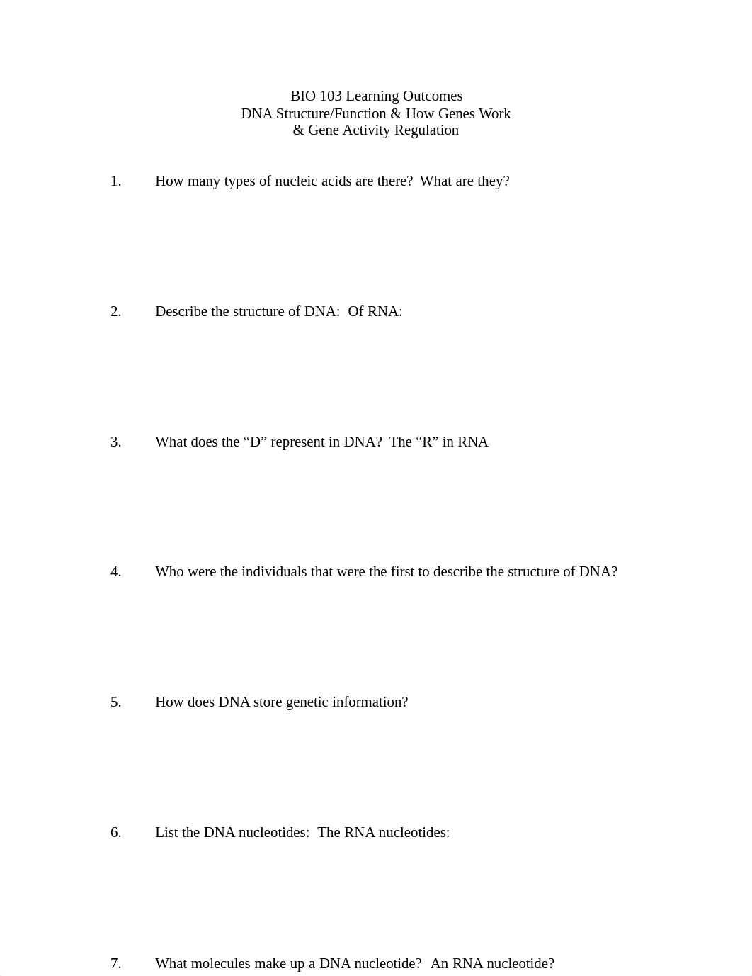 BIO 103 Learning Outcomes DNA Structure & Function & Gene Activity_dvc87osuvfi_page1