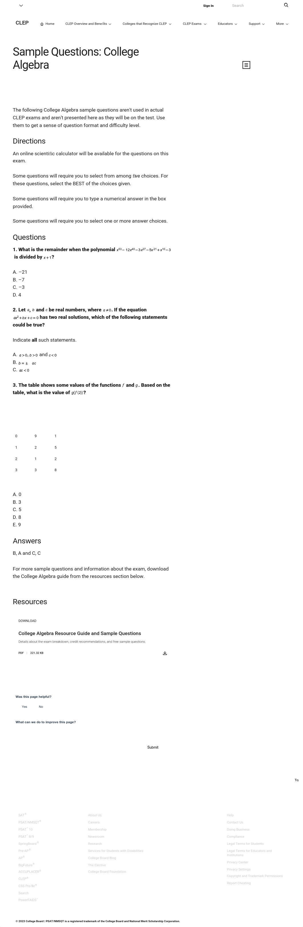 Sample Questions: College Algebra - CLEP | College Board.pdf_dve66rezkzb_page1