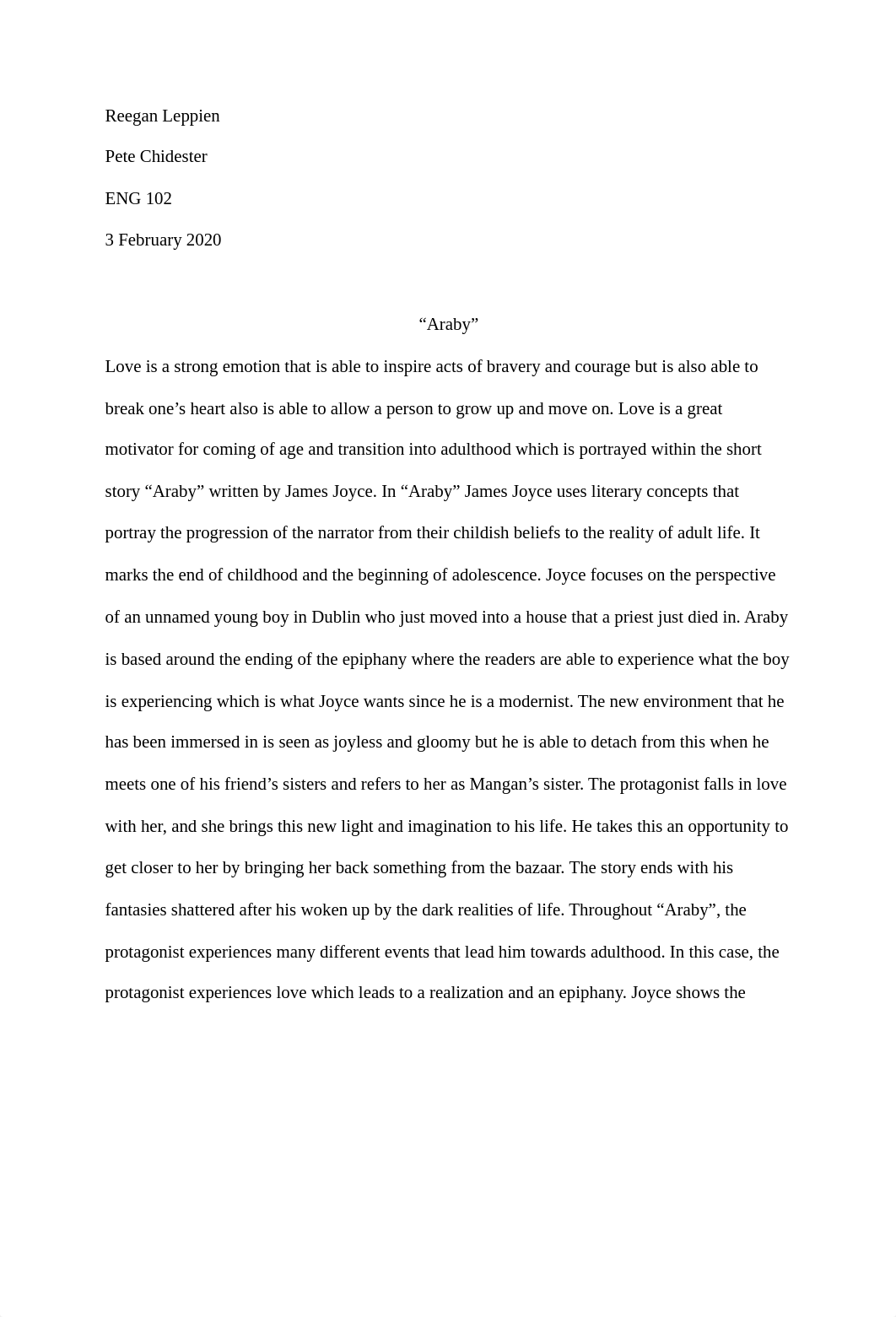 Essay 1 _Araby_ Short Story Analysis - Reegan Leppien (1).pdf_dvei1ima690_page1