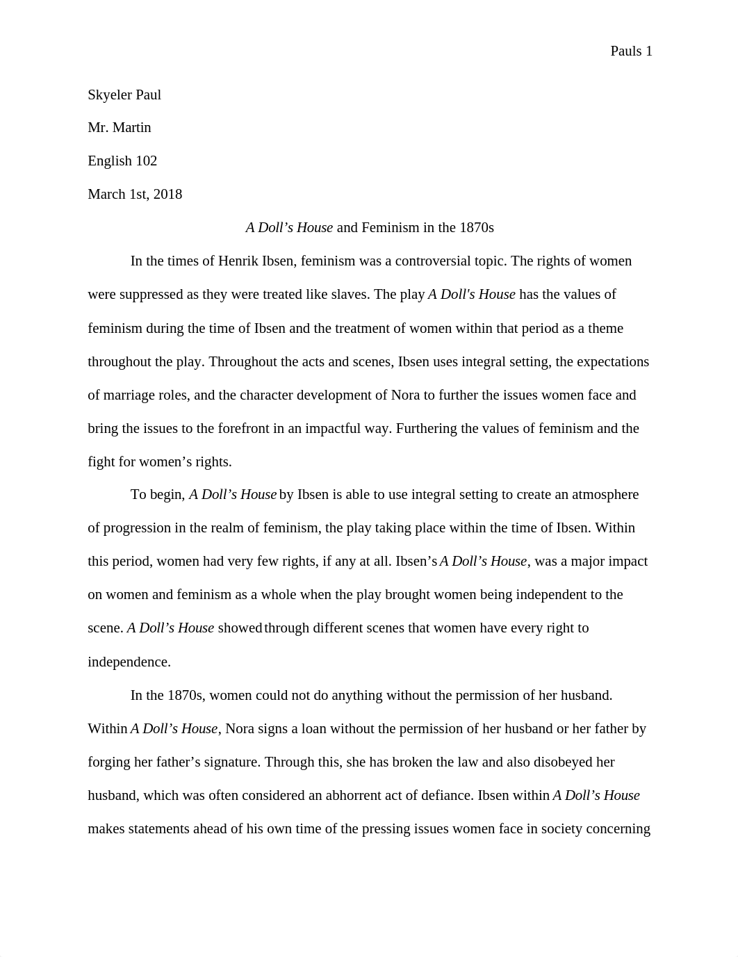 ENG 102: Skyeler Paul: Research Paper: A Dolls House.docx_dvhxg1m4ref_page1