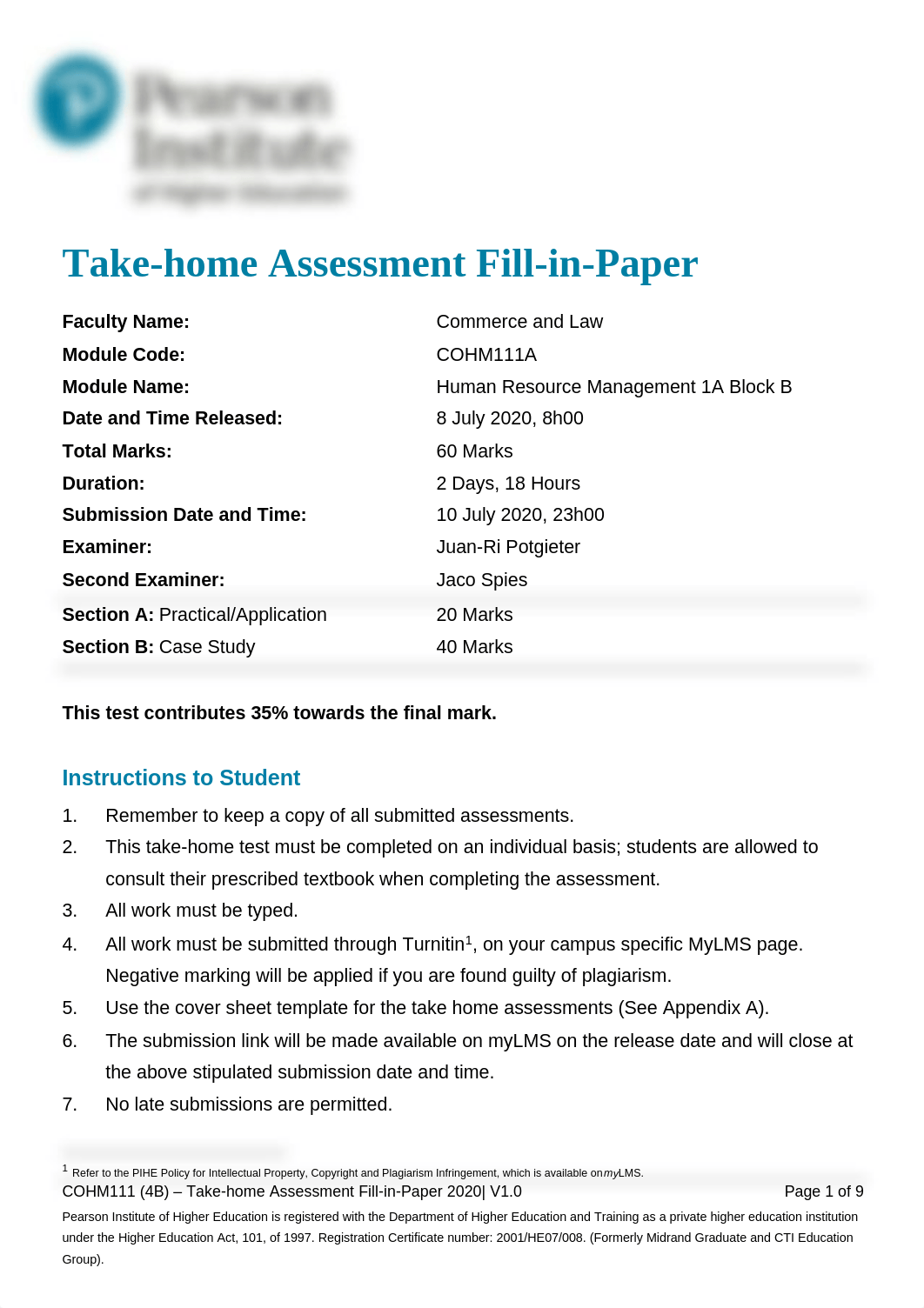 COHM111 Take Home test 2.pdf_dvih01nu6tm_page1