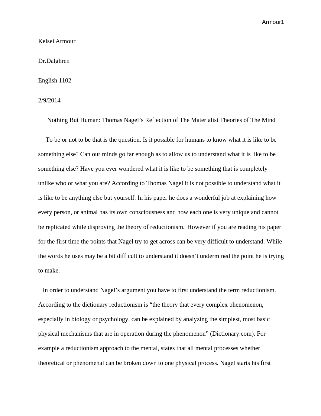 Nothing But Human: Thomas Nagel's Reflection of The Materialist Theories of The Mind - Essay_dvjwa9wlahz_page1