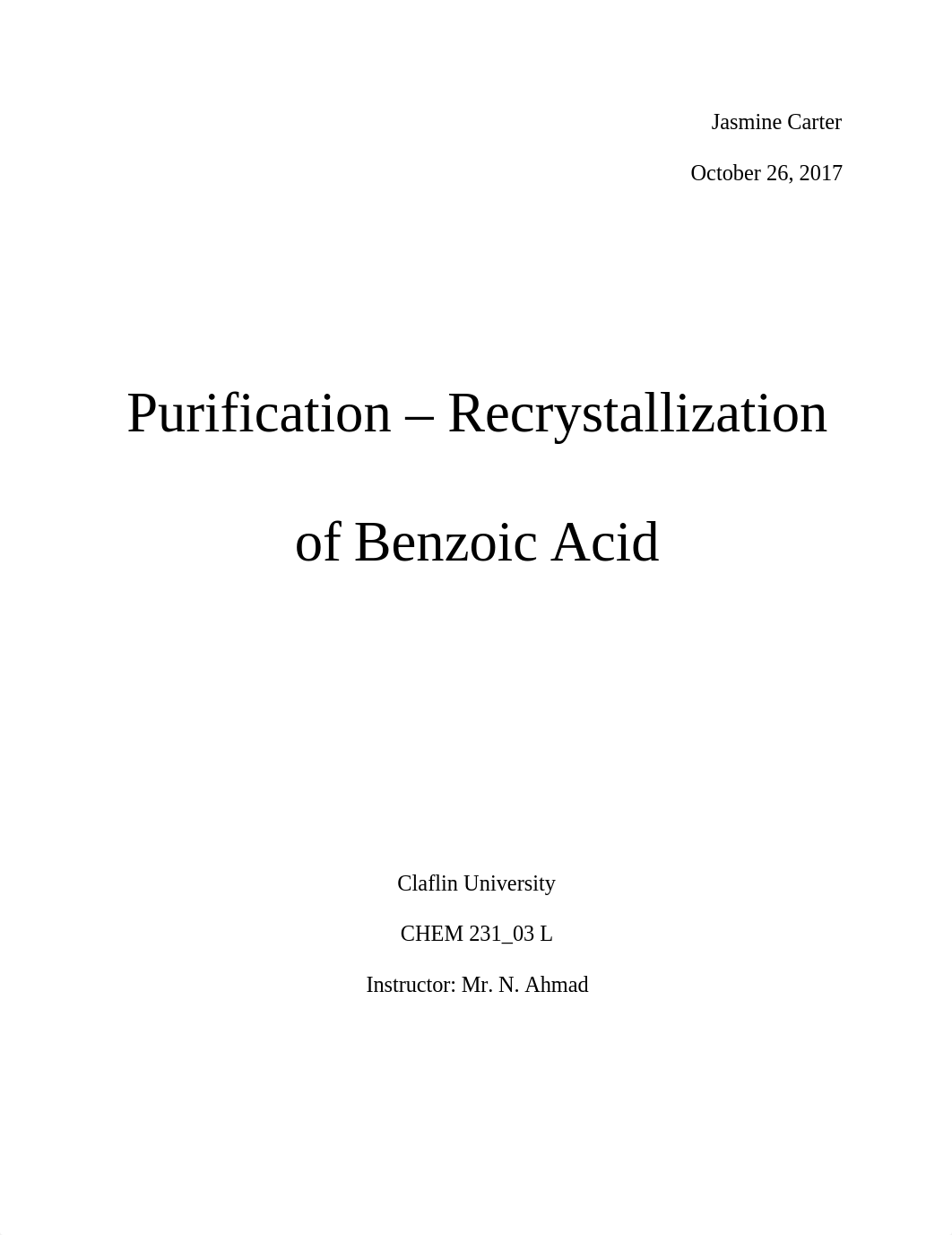 Purification - Recrystallization of Benzoic acid Lab Report.docx_dvkjidzogef_page1