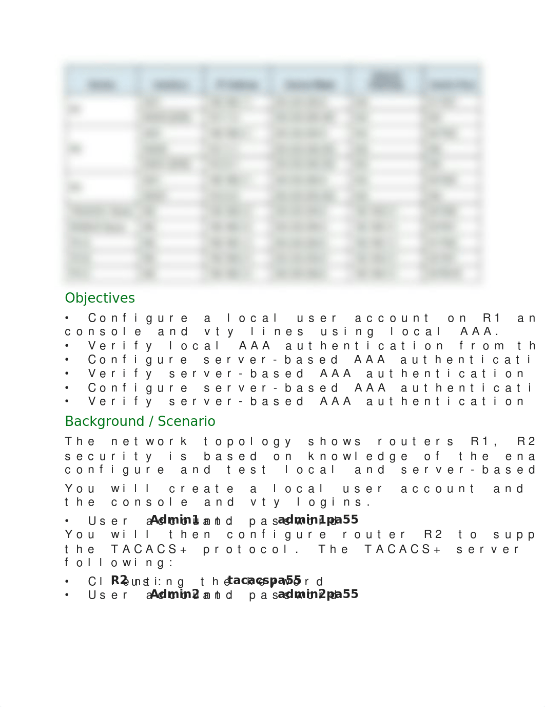 3.6.1.2 Packet Tracer - Configure AAA Authentication on Cisco Routers WEEK 2.docx_dvmc9dk5bgk_page2