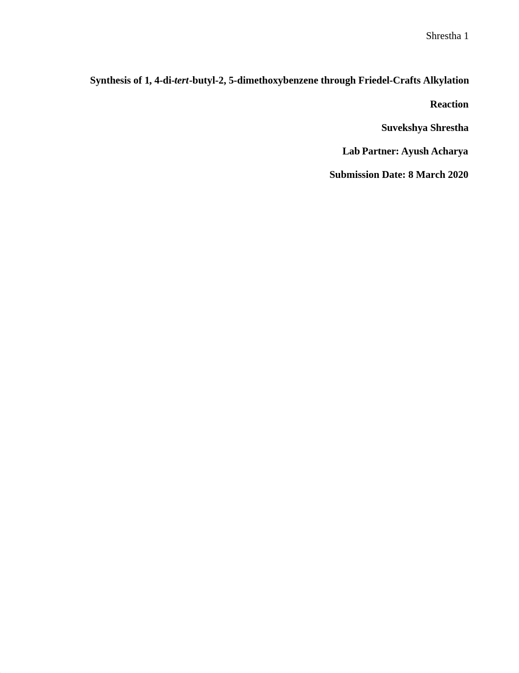 Friedel-Crafts Alkylation Lab Report (Suvekshya Shrestha).docx_dvnwr1w3o78_page1