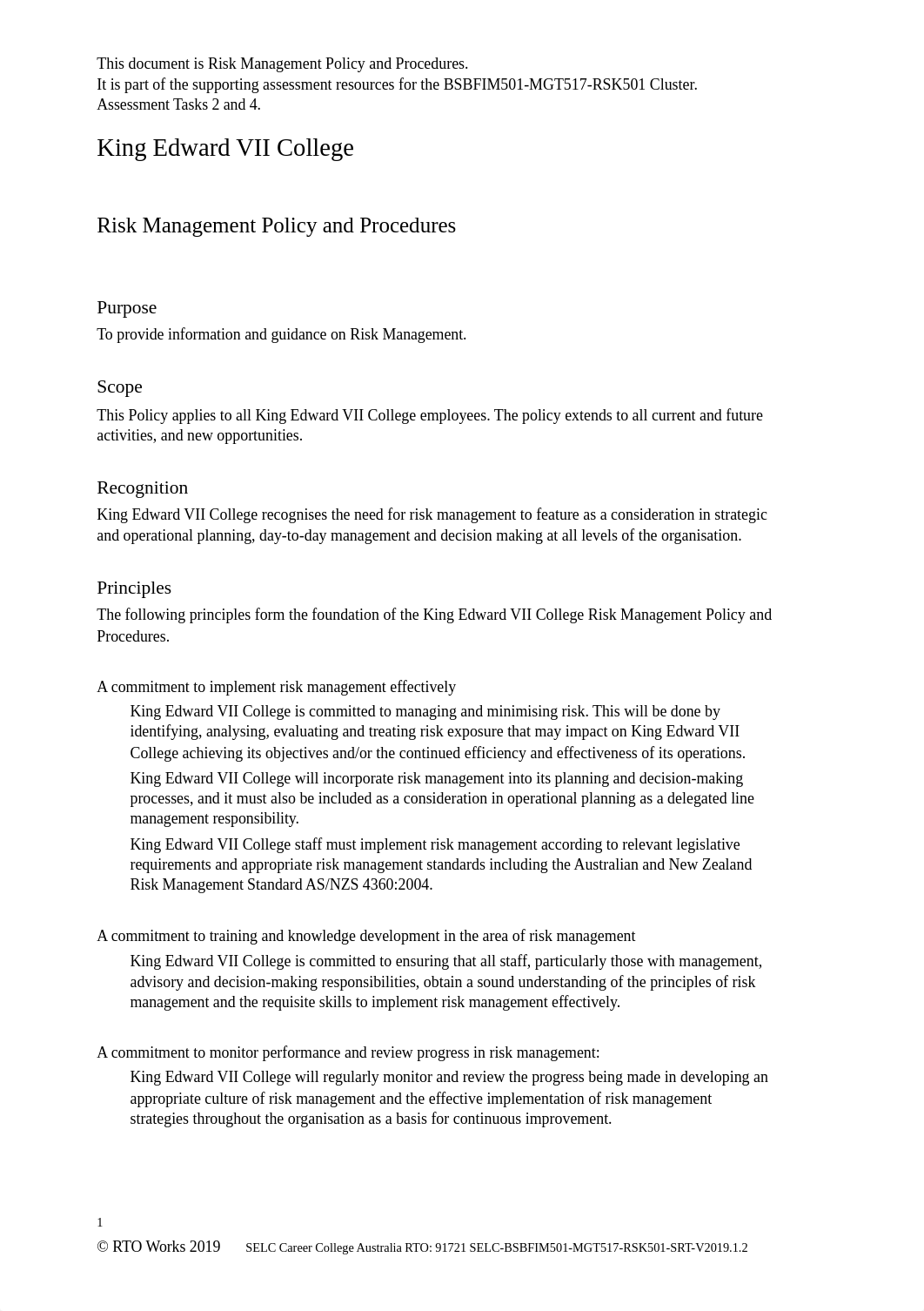 [Version Controlled] Risk Management Policy and Procedures_SELC-BSBFIM501-MGT517-RSK501-SRT-V2019.1._dvxusyddhx6_page1