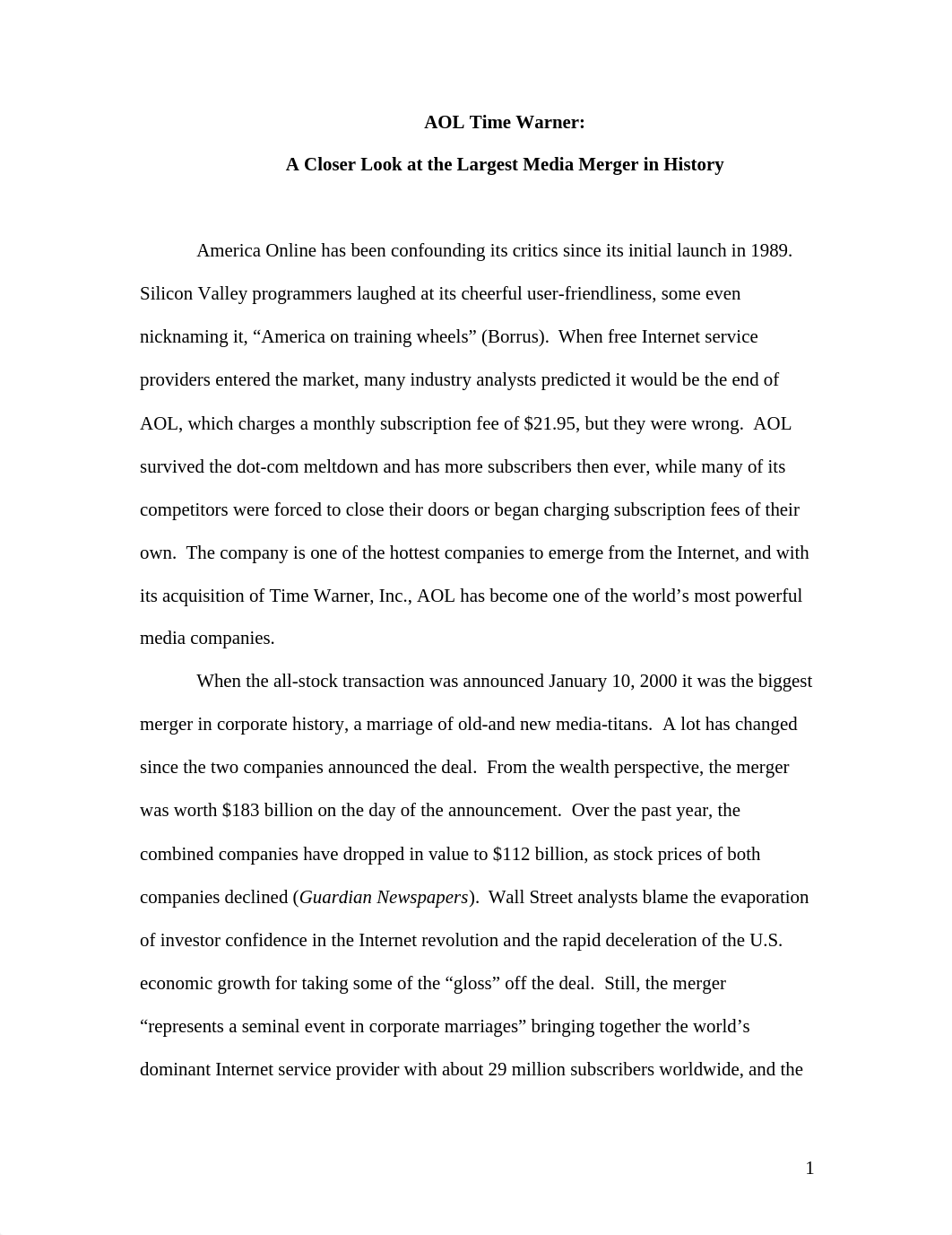 AOL Time Warner Final Paper-Marena Bronson_dvz47329prn_page1