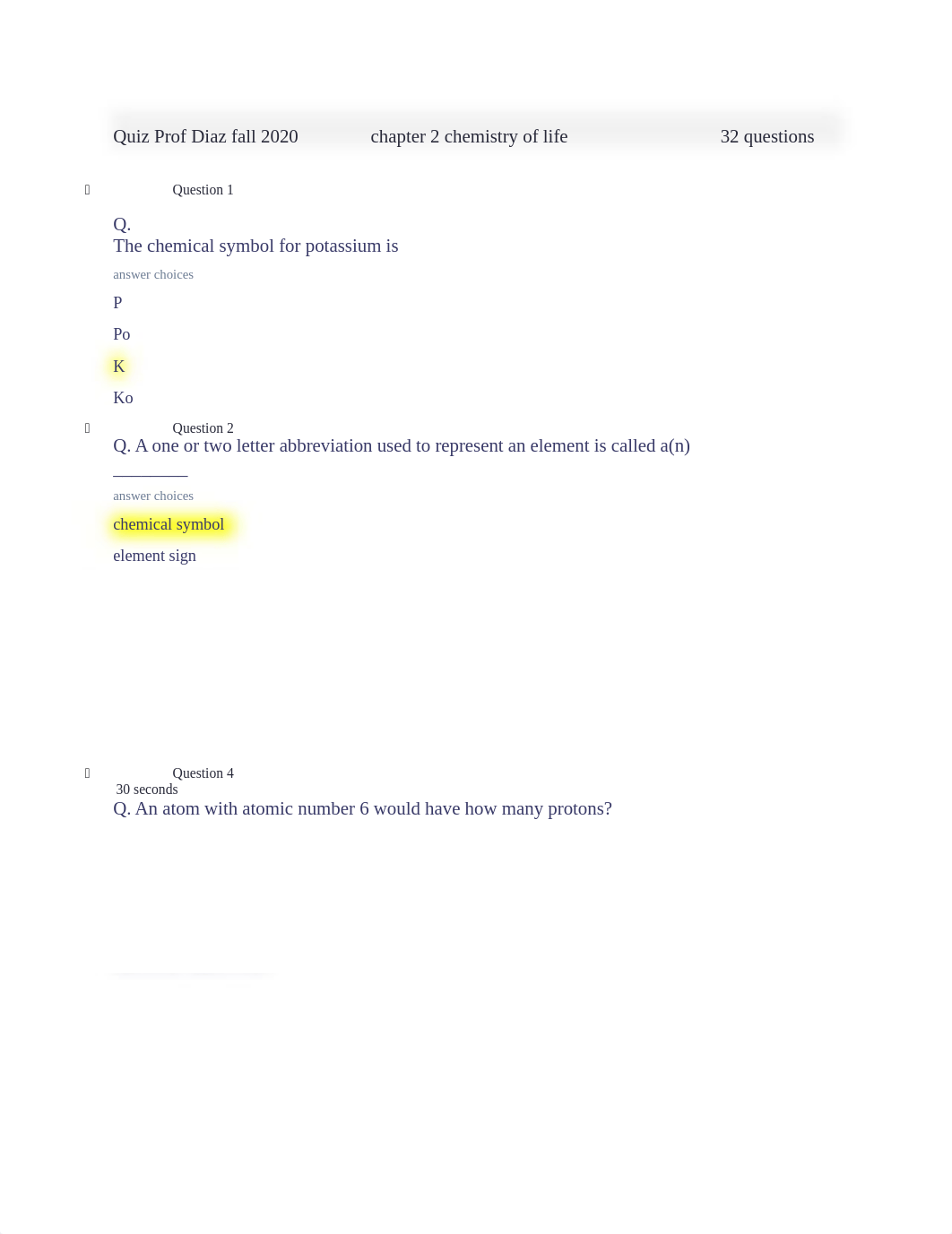 Quiz Prof Diaz fall 2020          chapter 2 chemistry of life                       32 questions.doc_dw25zghkyvm_page1