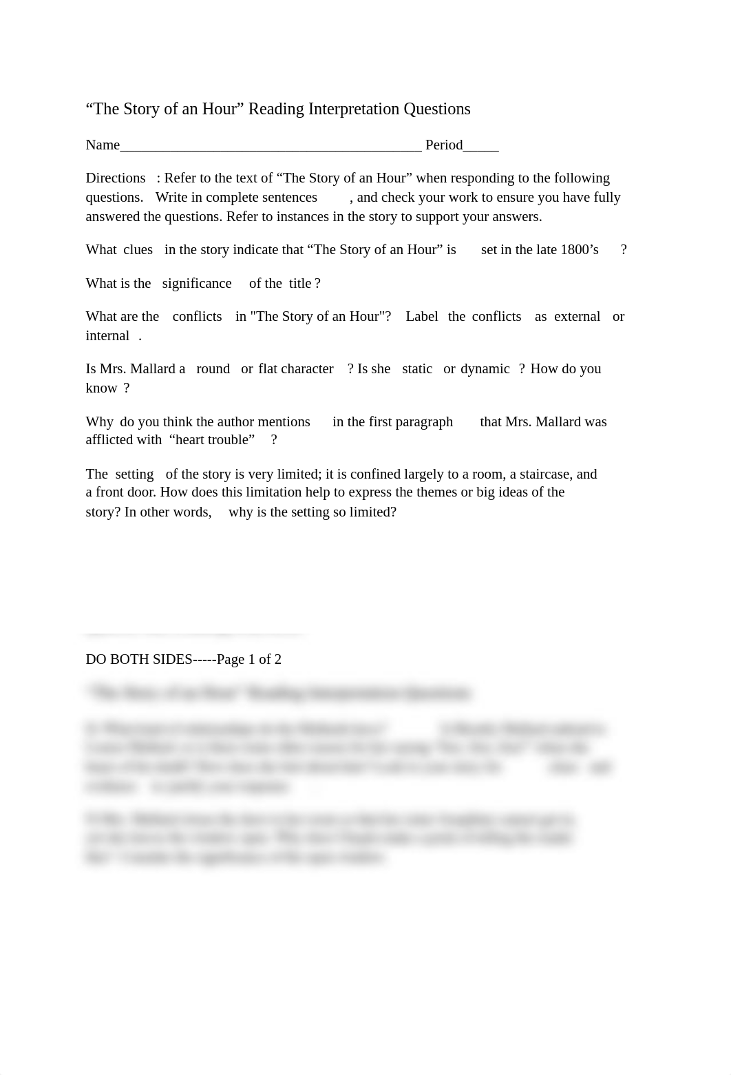 "The Story of an Hour" Reading Interpretation Questions.pdf_dw2ogfncel8_page1